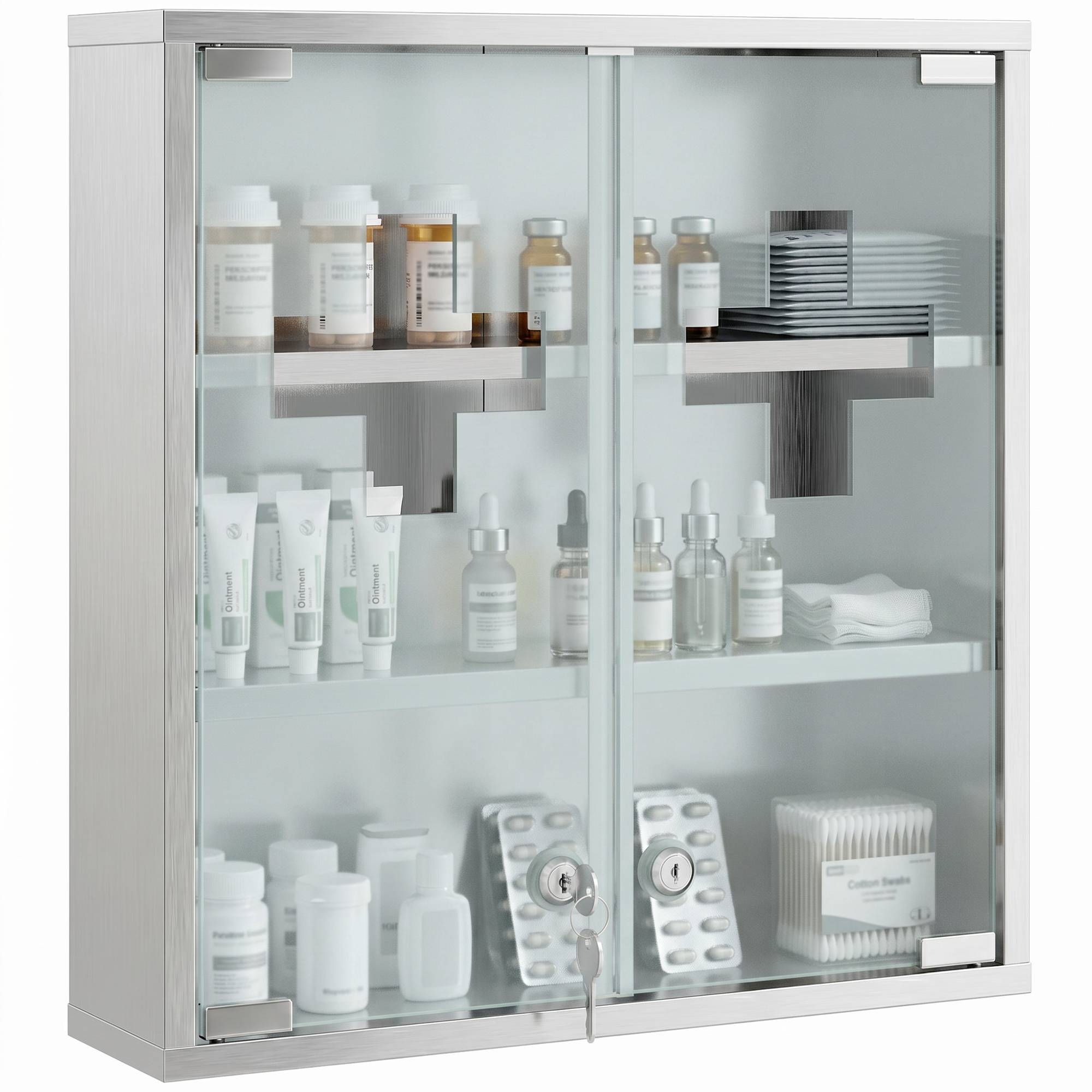 Sans Marque - Armoire à pharmacie verrouillable avec portes vitrées, argentée - Image 1