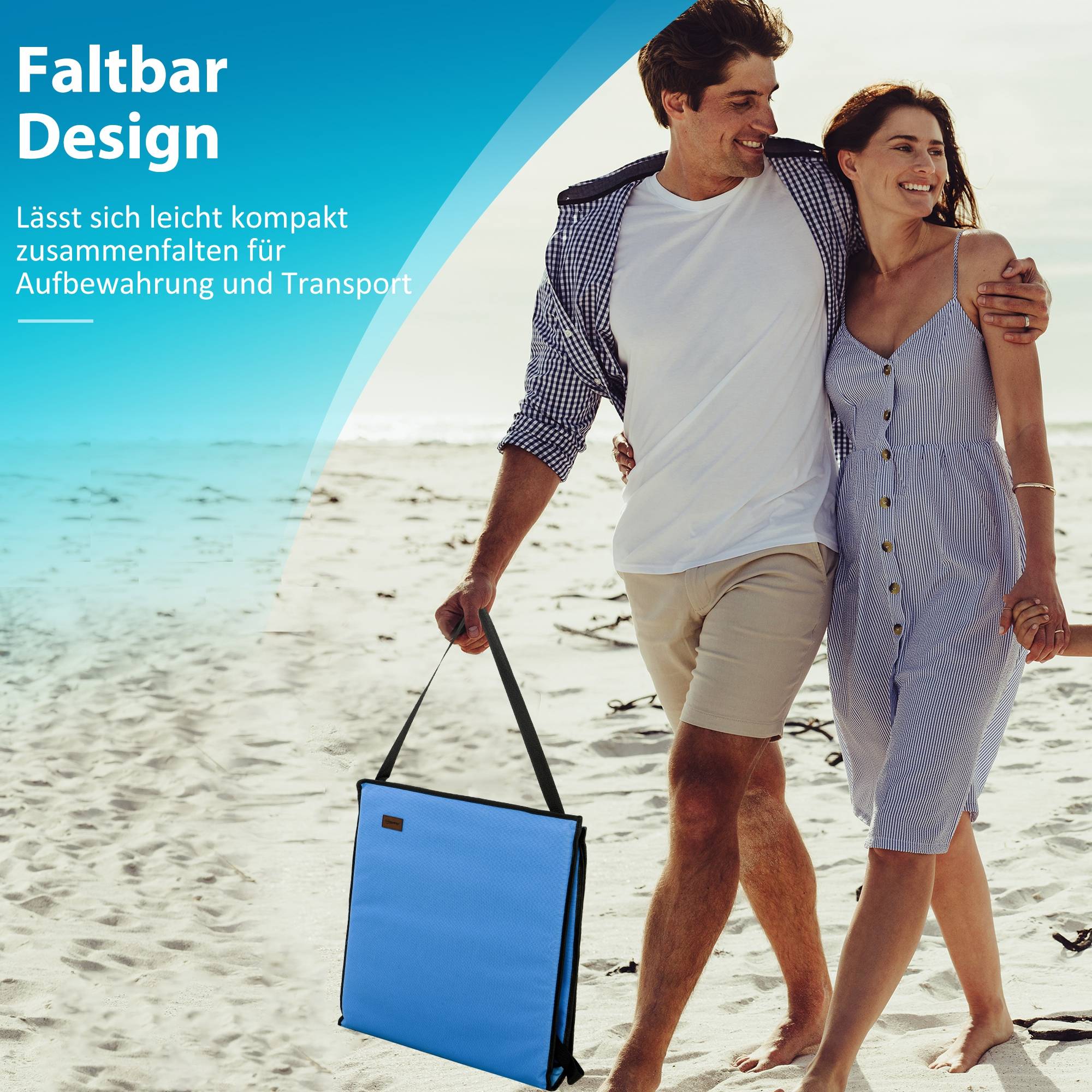 Transat de plage pliable avec dossier réglable, sangle de transport, rembourrage moelleux, structure en acier, bleu, 142 x 51 x 40 cm - Image 8