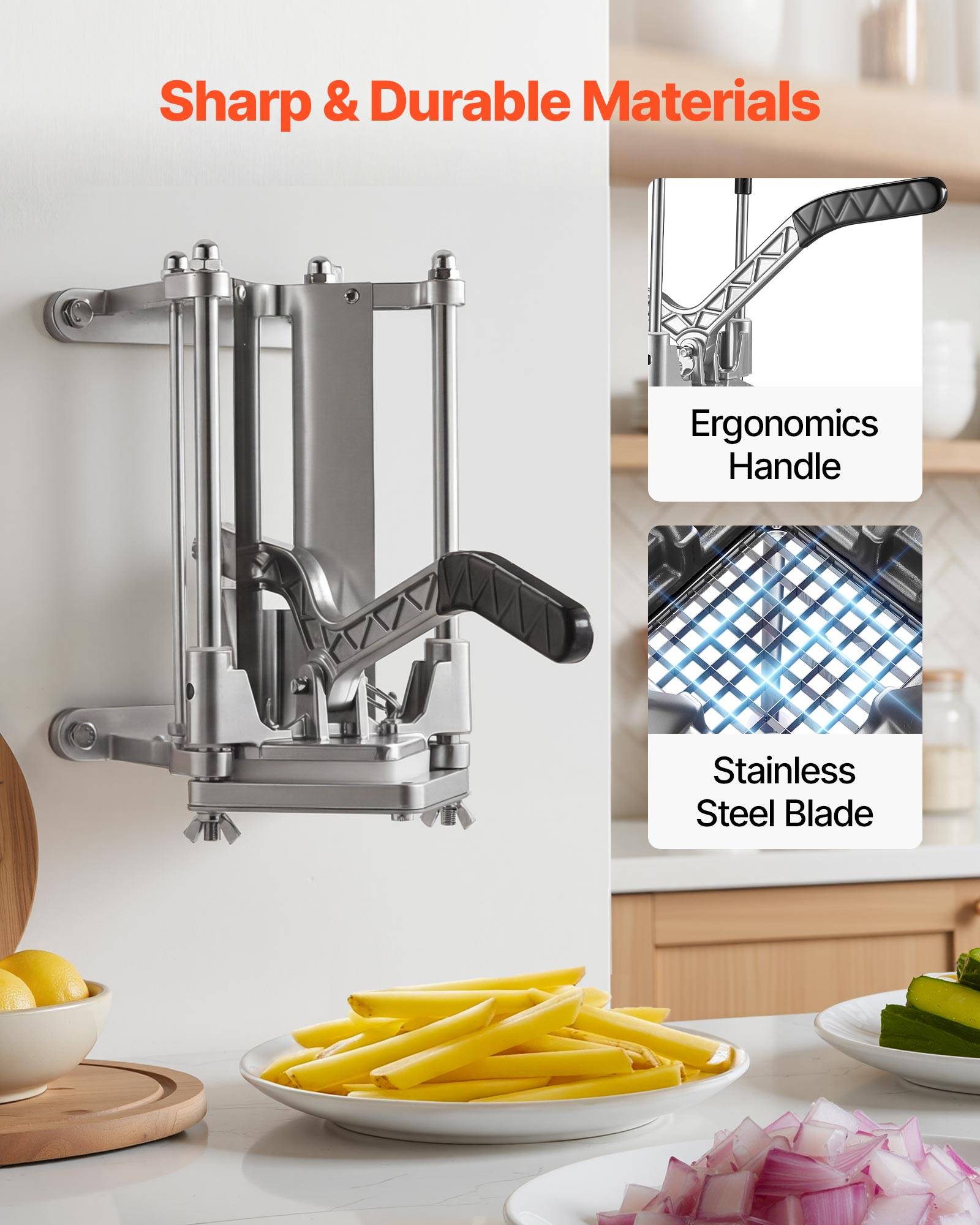 Vevor - VEVOR Coupe-frites manuel, levier vertical, 4 lames inox (6 mm, 9 mm, coupe-pomme 6 quartiers, vide-pomme), base antidérapante, brosse incluse. - Image 7
