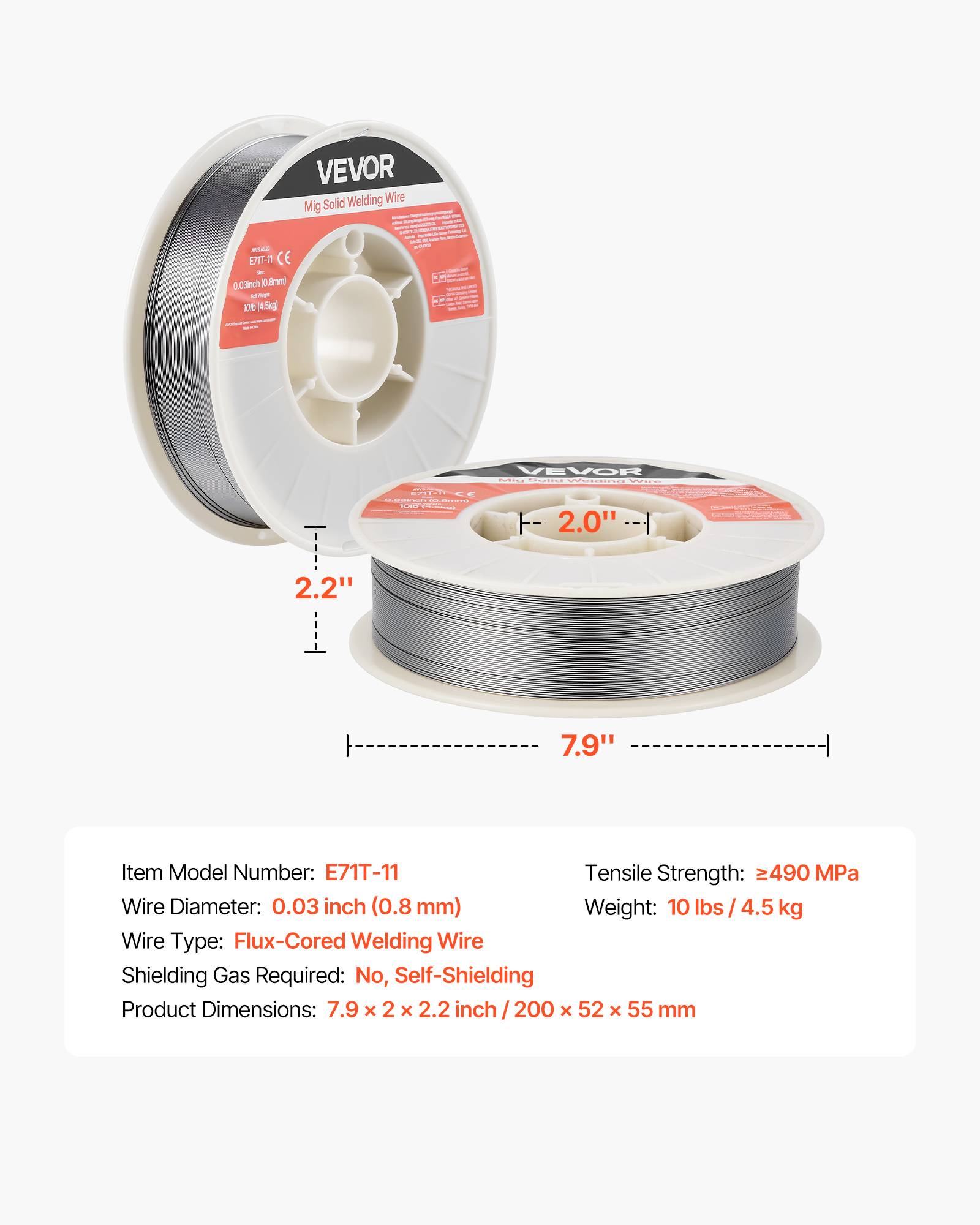 Vevor - VEVOR Fil fourré sans gaz 0,8 mm 4,5 kg - E71T-11, pour acier doux, toutes positions, faible projection. - Image 6