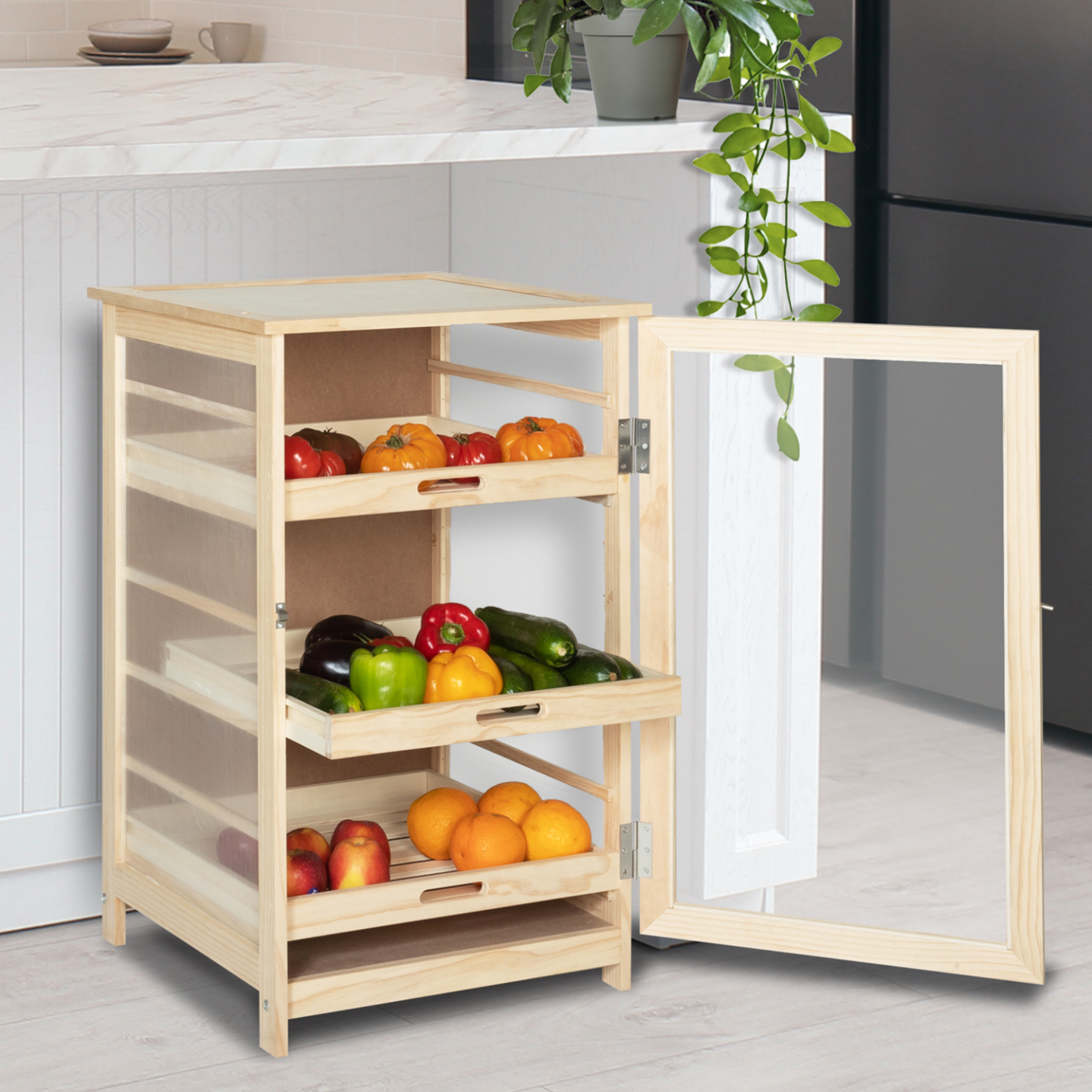 Légumier fruitier en bois VEGGE avec 3 tiroirs amovibles - Image 1