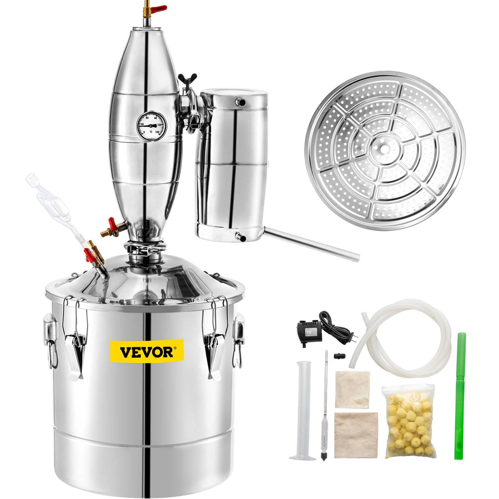 VEVOR Distillateur alambic 30L inox, avec thermomètre, pompe, tour de redressement, pour fermentation. - Image 1