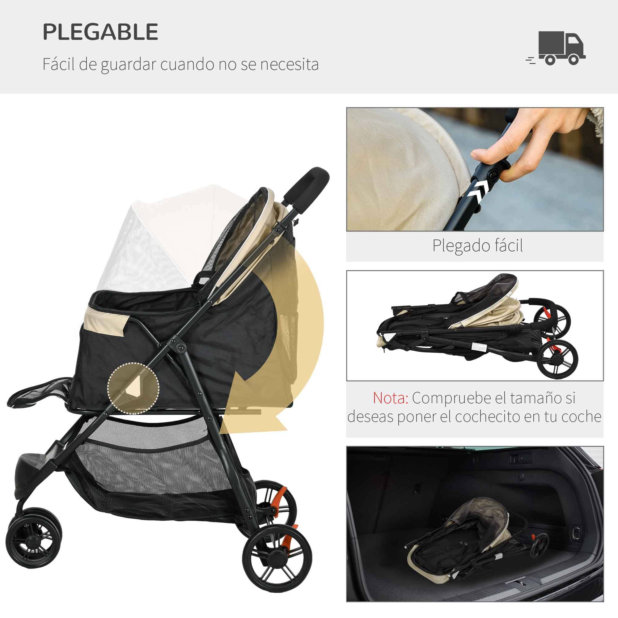 Poussette pour petit chien avec panier de rangement, protection pluie et fenêtre en filet, 80,5 x 51,5 x 100 cm, kaki - Image 7