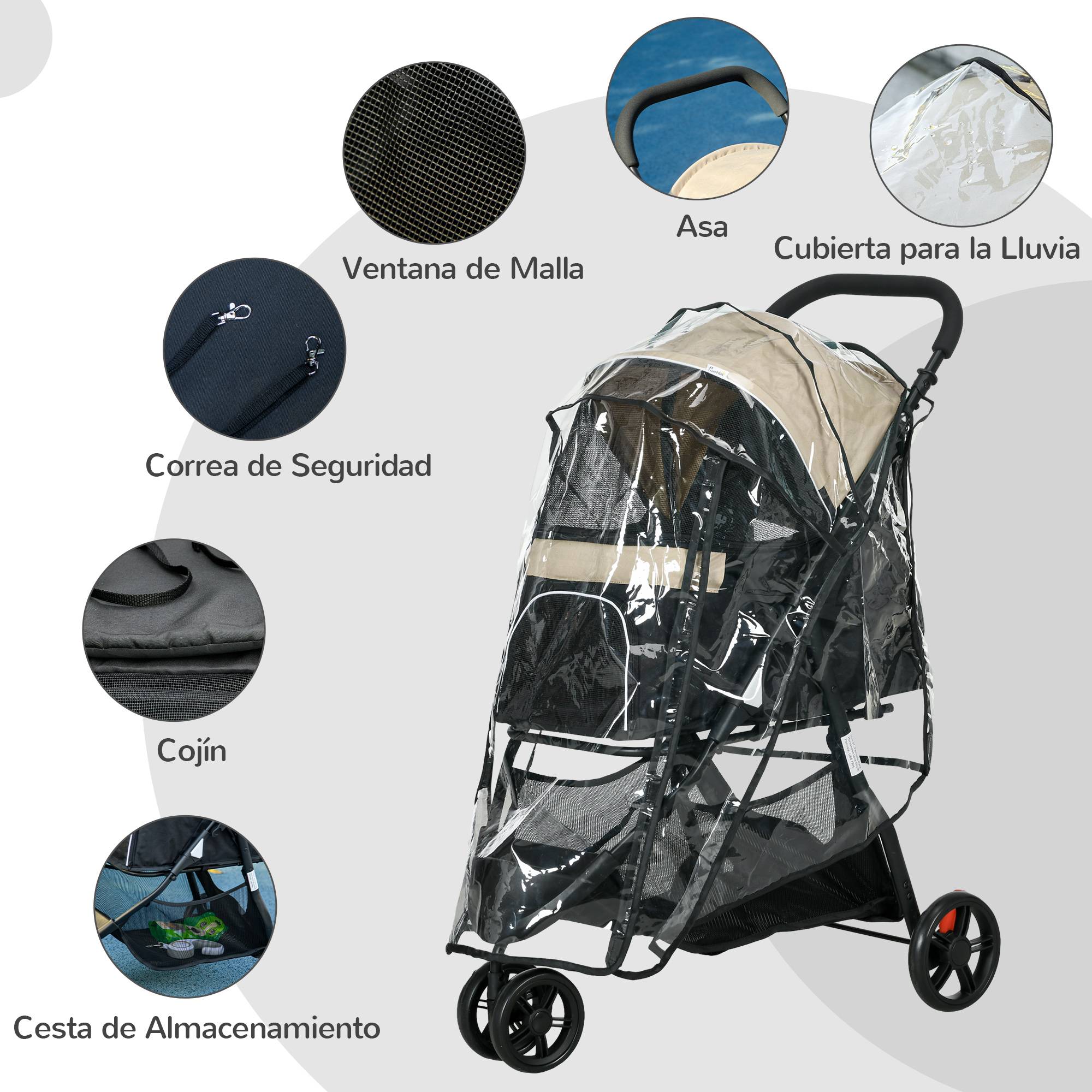Poussette pour petit chien avec panier de rangement, protection pluie et fenêtre en filet, 80,5 x 51,5 x 100 cm, kaki - Image 9