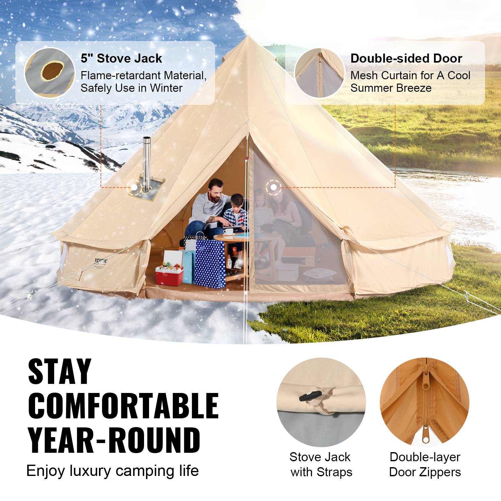 Vevor - VEVOR Tente cloche toile 6 m, yourte 4 saisons, trou poêle à bois, pour 10 pers., glamping/chasse. - Image 3