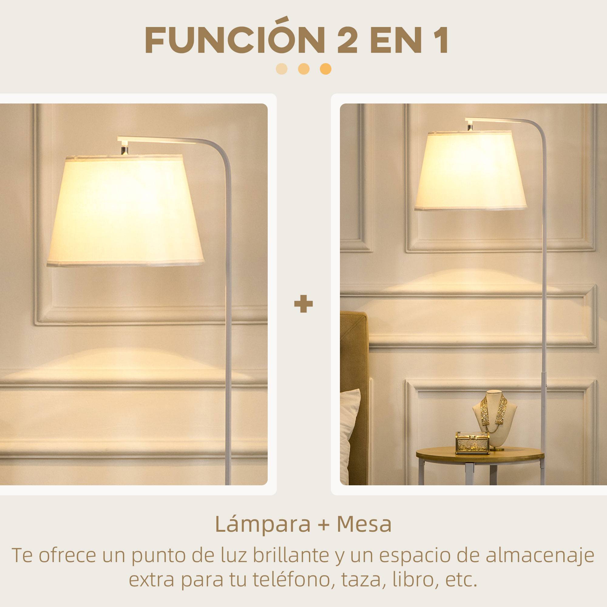 Lampadaire blanc avec table d’appoint abat-jour lin interrupteur au pied 43 × 39,5 × 162 cm salon chambre - Image 6