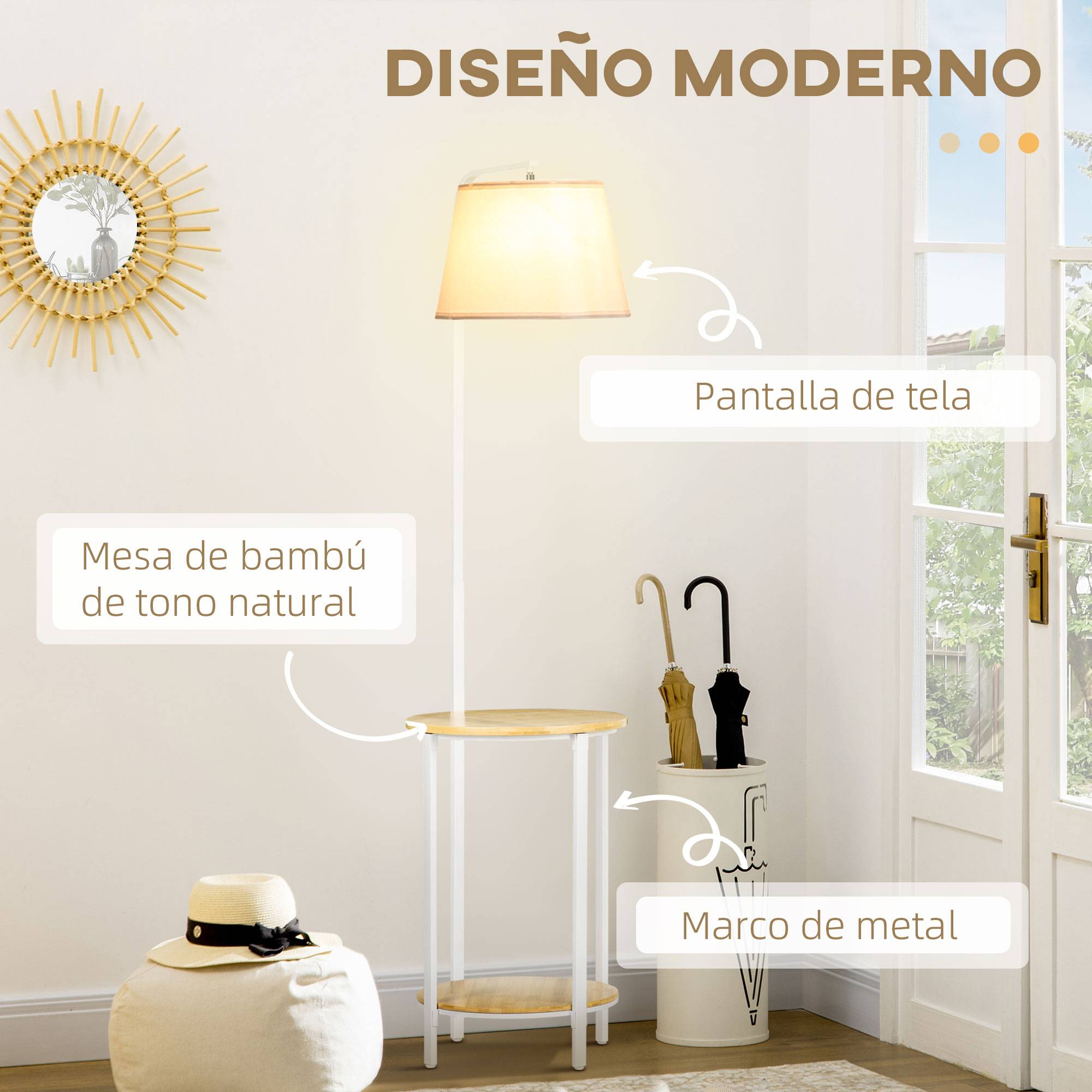 Lampadaire blanc avec table d’appoint abat-jour lin interrupteur au pied 43 × 39,5 × 162 cm salon chambre - Image 7