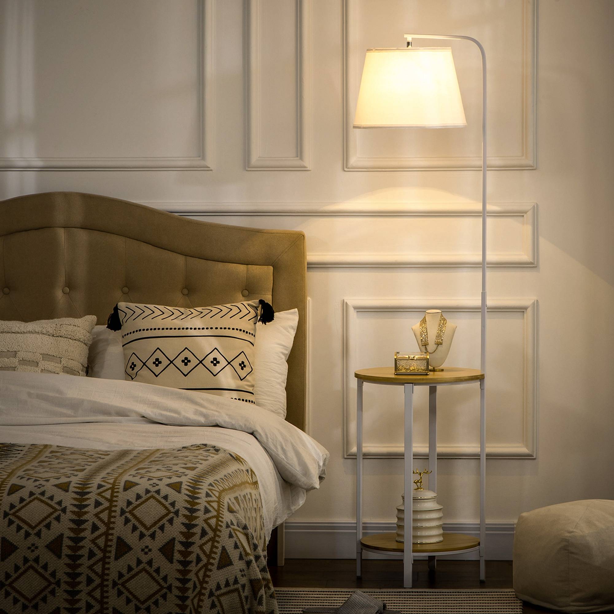 Lampadaire blanc avec table d’appoint abat-jour lin interrupteur au pied 43 × 39,5 × 162 cm salon chambre - Image 4