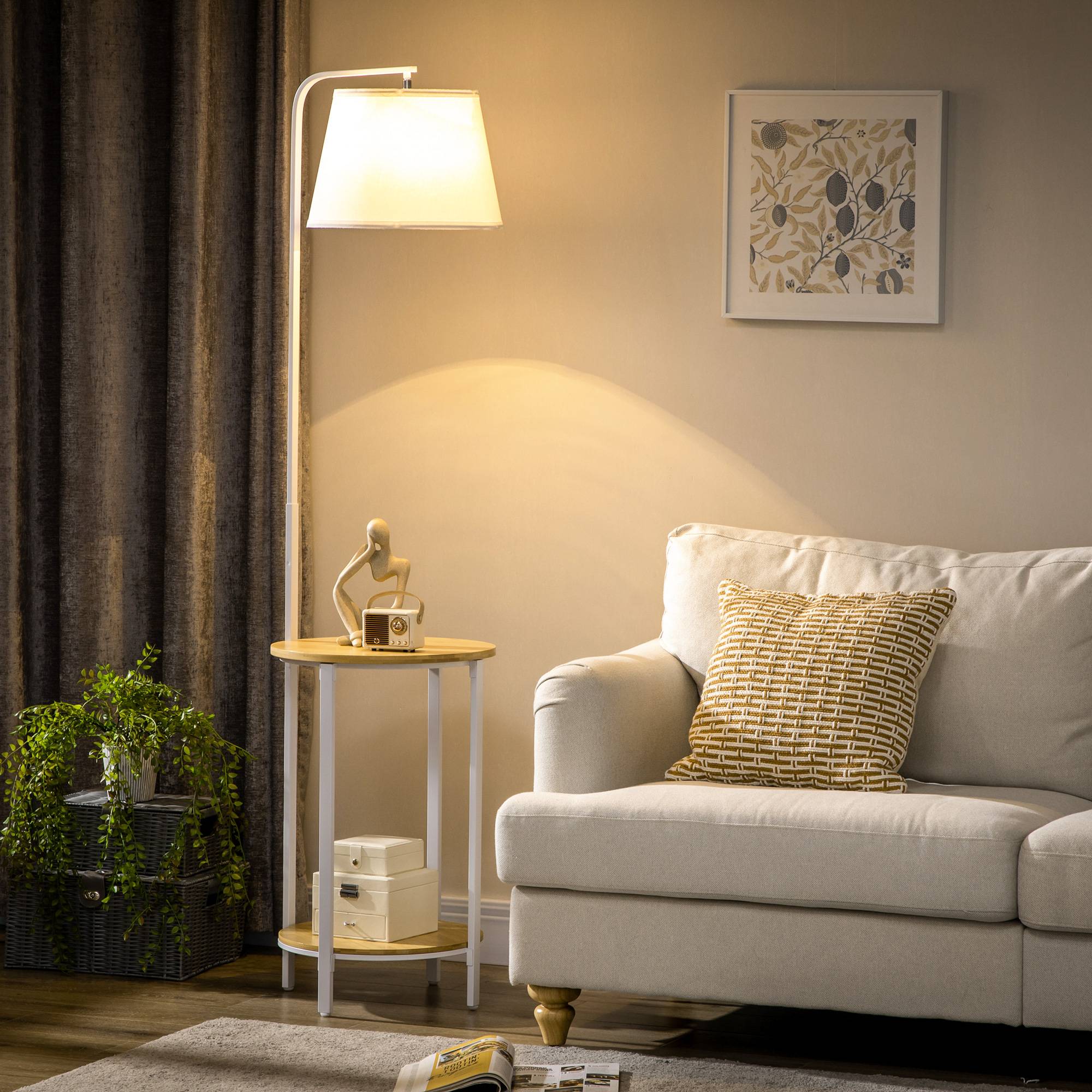 Lampadaire blanc avec table d’appoint abat-jour lin interrupteur au pied 43 × 39,5 × 162 cm salon chambre - Image 3