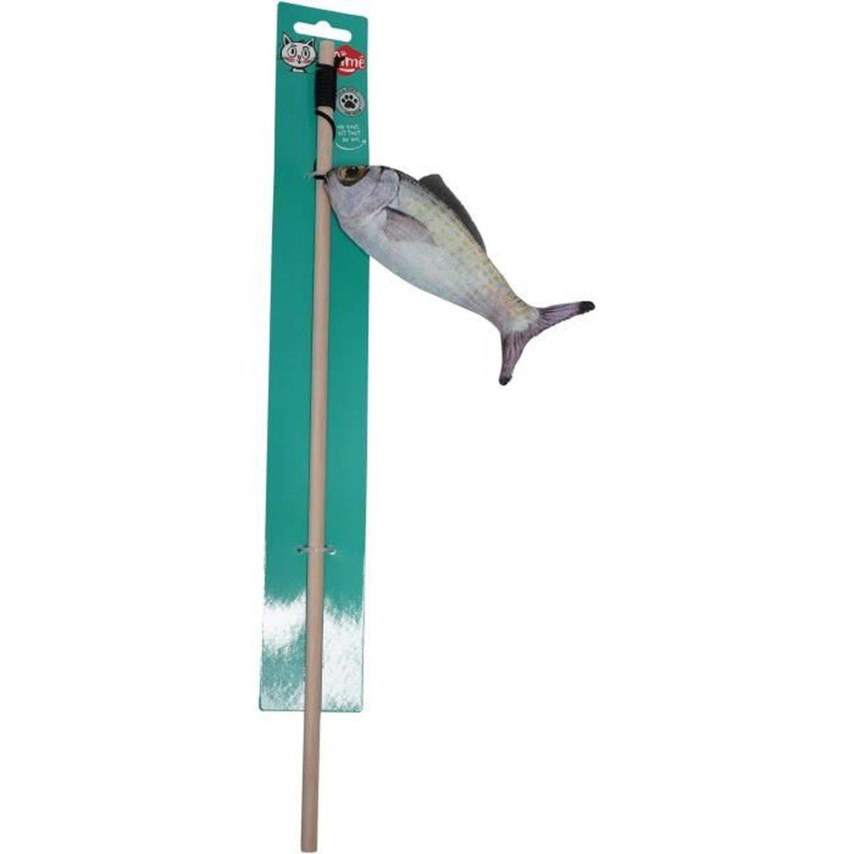 Canne à pêche pour chat avec poisson de 15 cm, bâton en bois et herbe à chat - AIME - Image 1