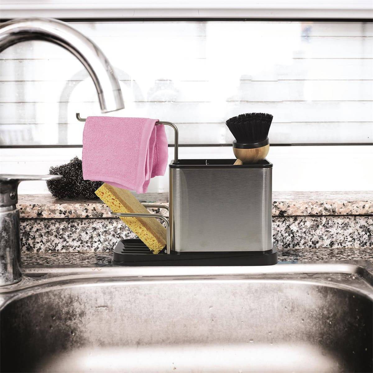 Pack Organisateur d'Evier en Inox 3-en-1 Porte-Eponge + Brosse - KITCHEN - Image 5