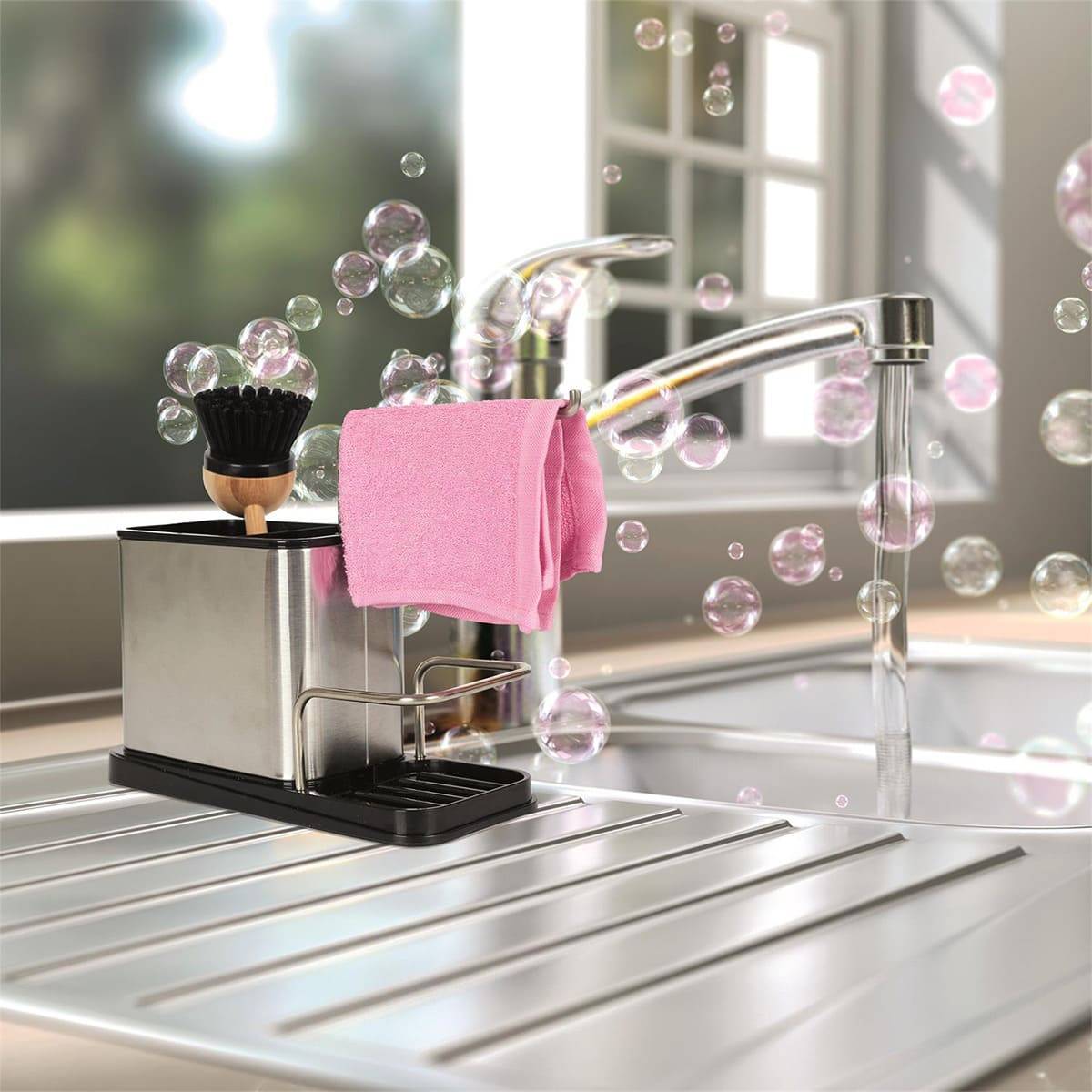 Pack Organisateur d'Evier en Inox 3-en-1 Porte-Eponge + Brosse - KITCHEN - Image 6