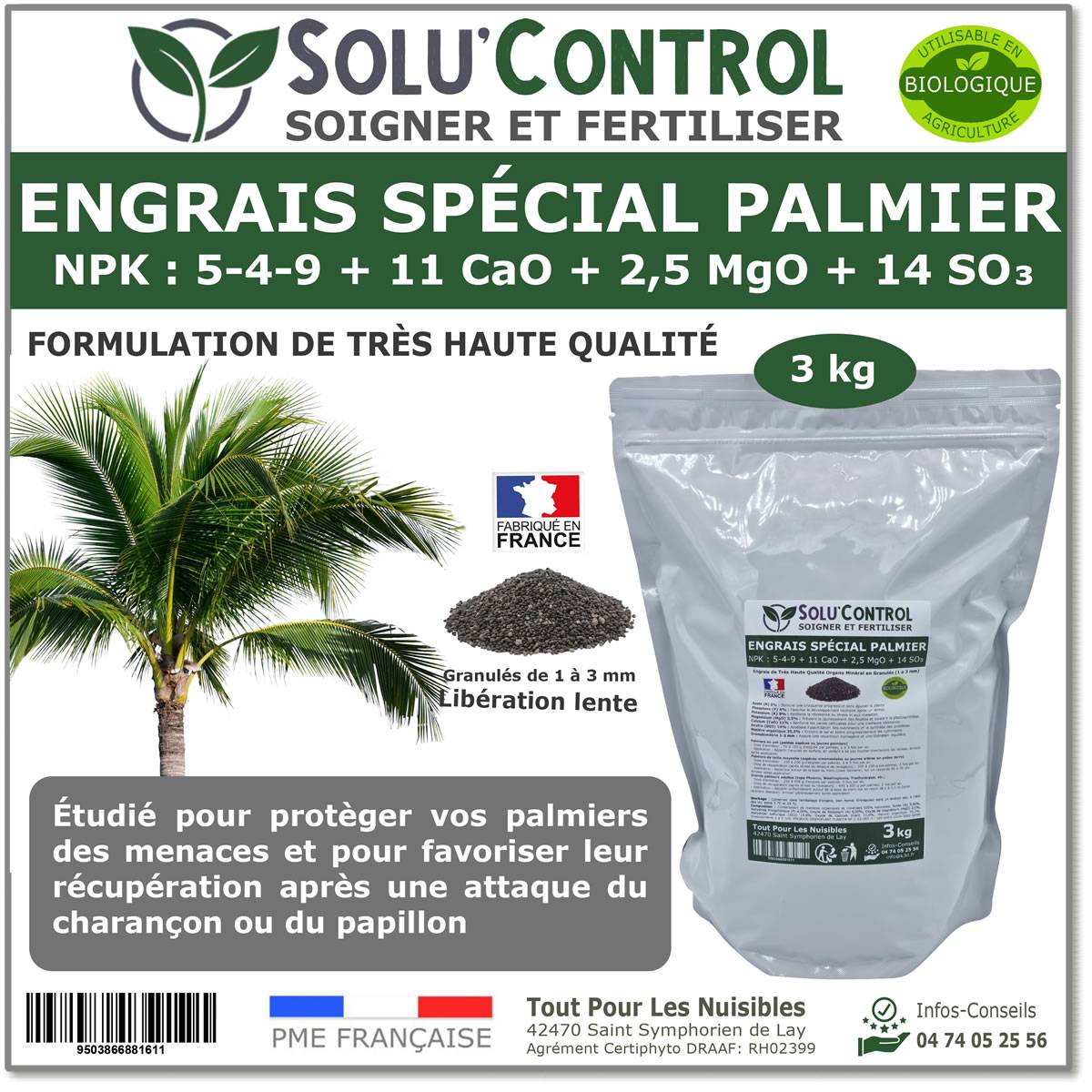 SOLU’CONTROL - Engrais Spécial Palmier 3 kg - Formulation haute qualité Organo-Minerale - Idéal après attaque charançon rouge, papillon du palmier - Image 1