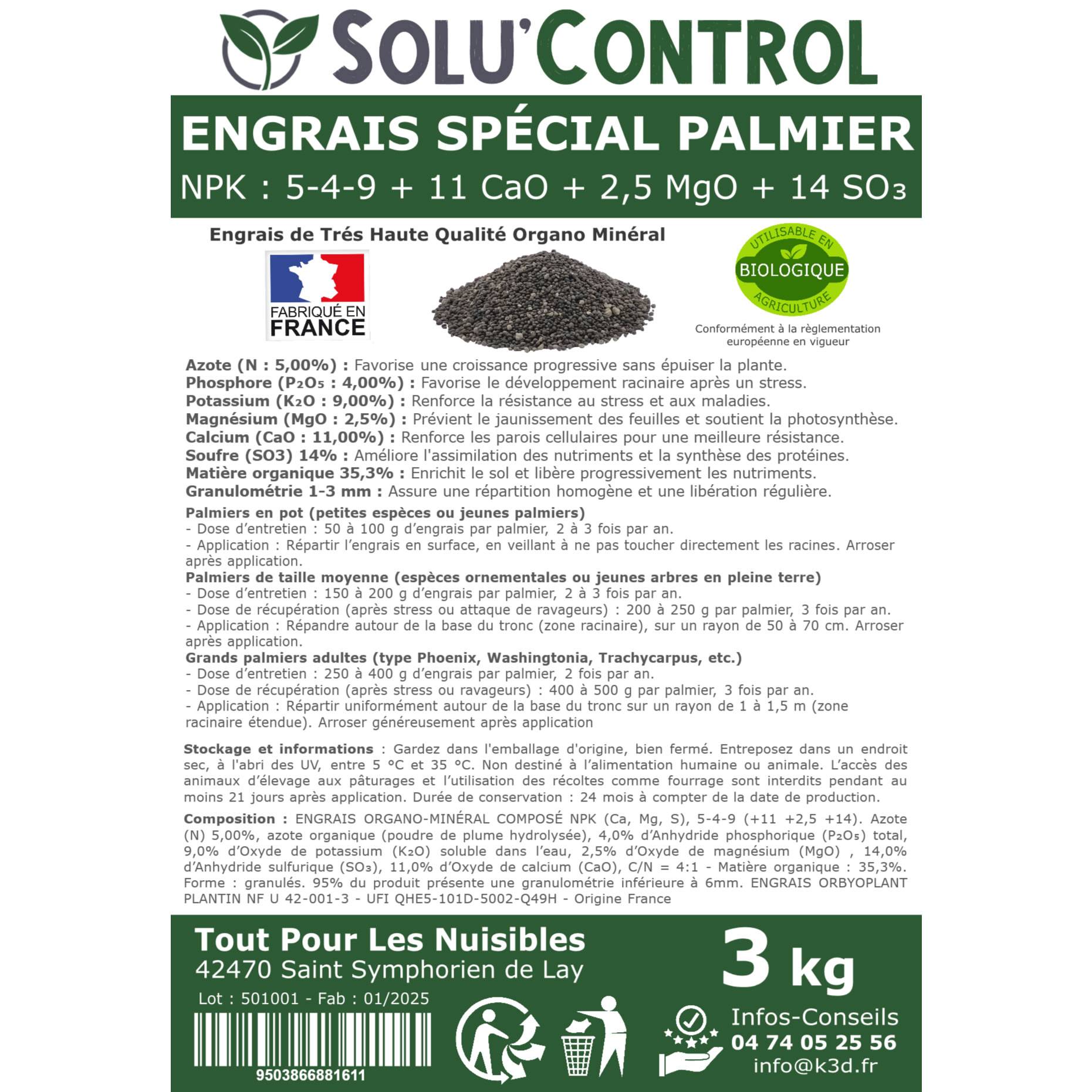 SOLU’CONTROL - Engrais Spécial Palmier 3 kg - Formulation haute qualité Organo-Minerale - Idéal après attaque charançon rouge, papillon du palmier - Image 4