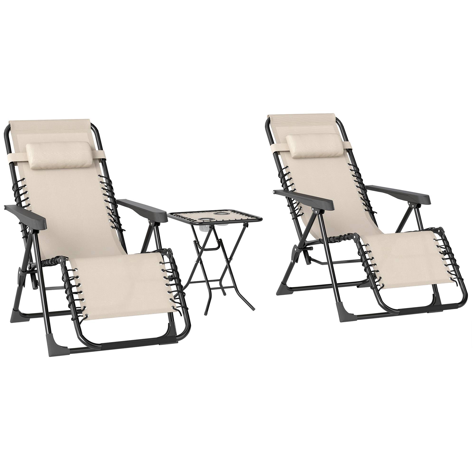 Ensemble jardin 3 pièces transat table basse 2 chaises coussins beige 110 cm - Image 1