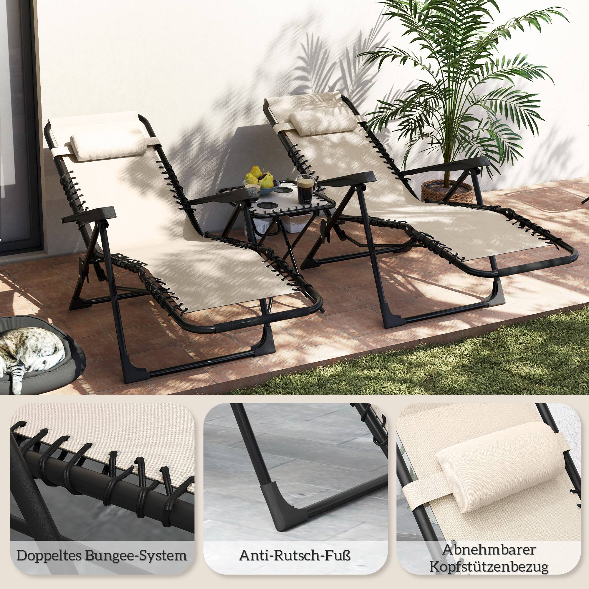 Ensemble jardin 3 pièces transat table basse 2 chaises coussins beige 110 cm - Image 10
