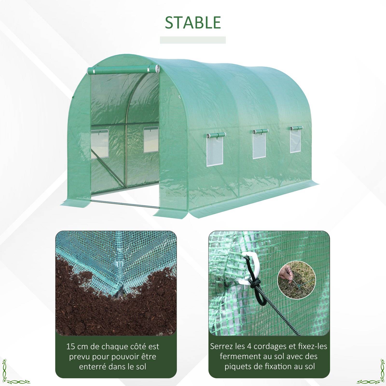 Serre de Jardin Tunnel 8 m² 4L x 2l x 1,9H m Acier galvanisé renforcé diamètre 2,4 cm + PE Haute densité fenêtres Porte Vert - Image 6