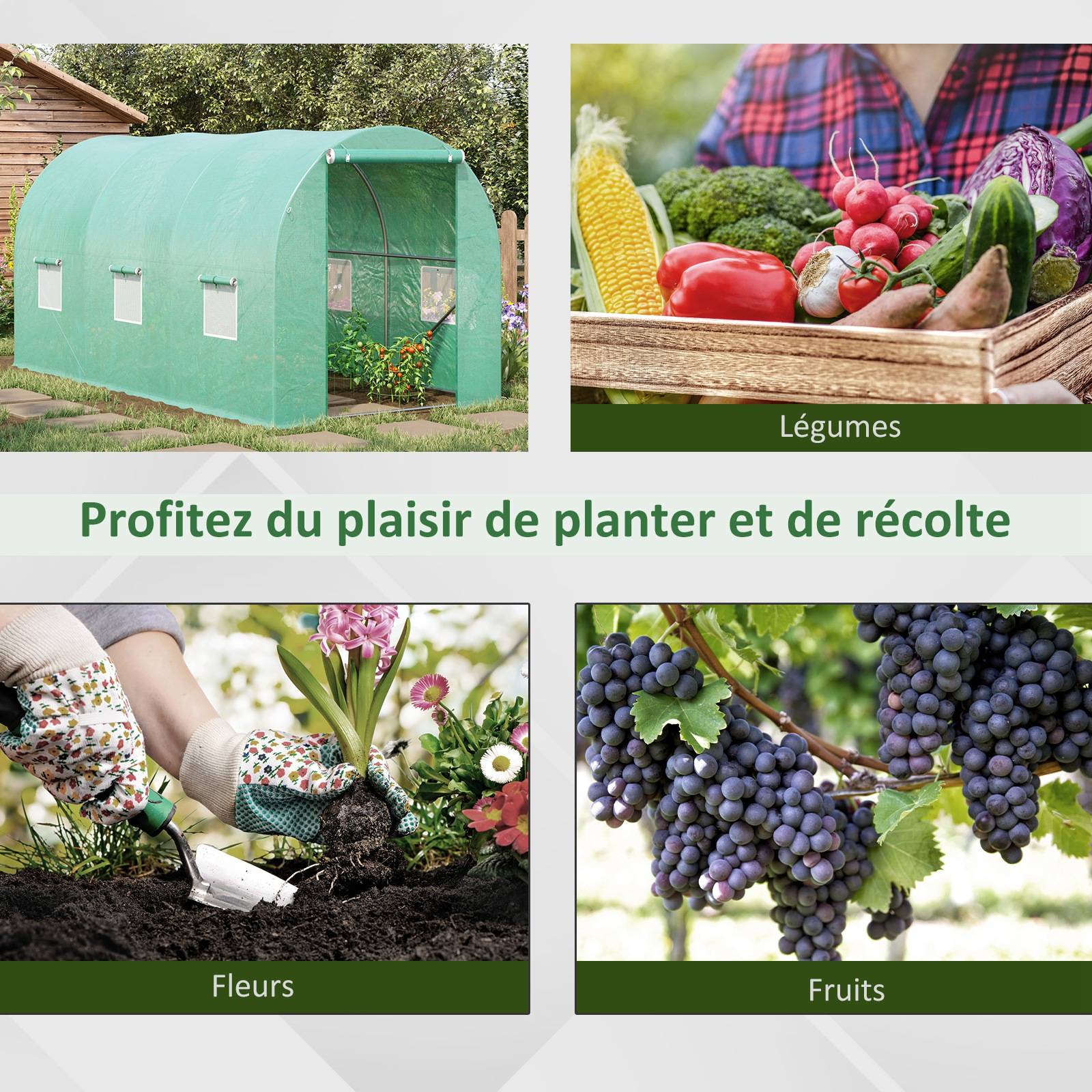 Serre de Jardin Tunnel 8 m² 4L x 2l x 1,9H m Acier galvanisé renforcé diamètre 2,4 cm + PE Haute densité fenêtres Porte Vert - Image 9