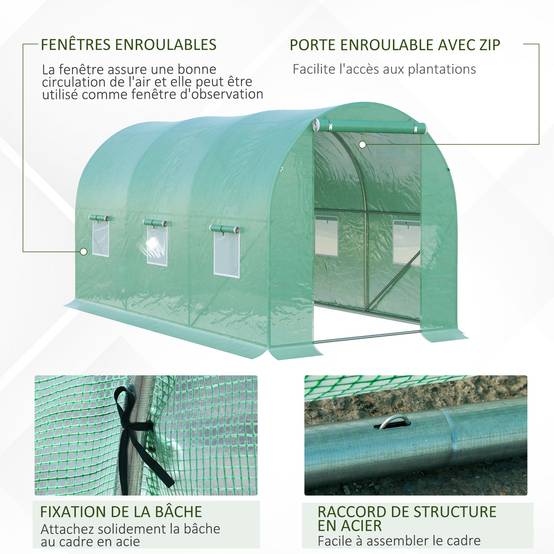 Serre de Jardin Tunnel 8 m² 4L x 2l x 1,9H m Acier galvanisé renforcé diamètre 2,4 cm + PE Haute densité fenêtres Porte Vert - Image 8