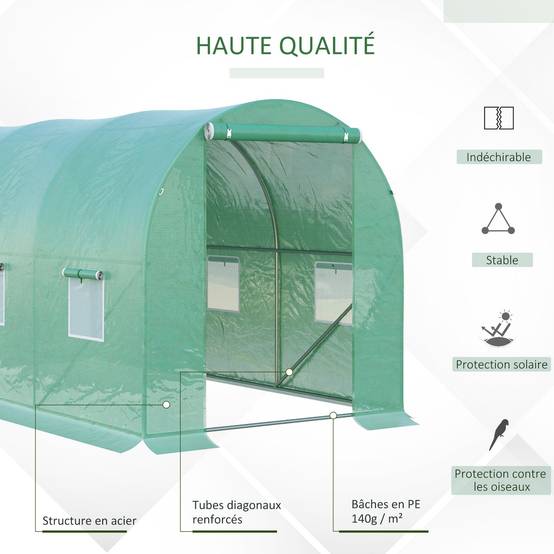 Serre de Jardin Tunnel 8 m² 4L x 2l x 1,9H m Acier galvanisé renforcé diamètre 2,4 cm + PE Haute densité fenêtres Porte Vert - Image 7