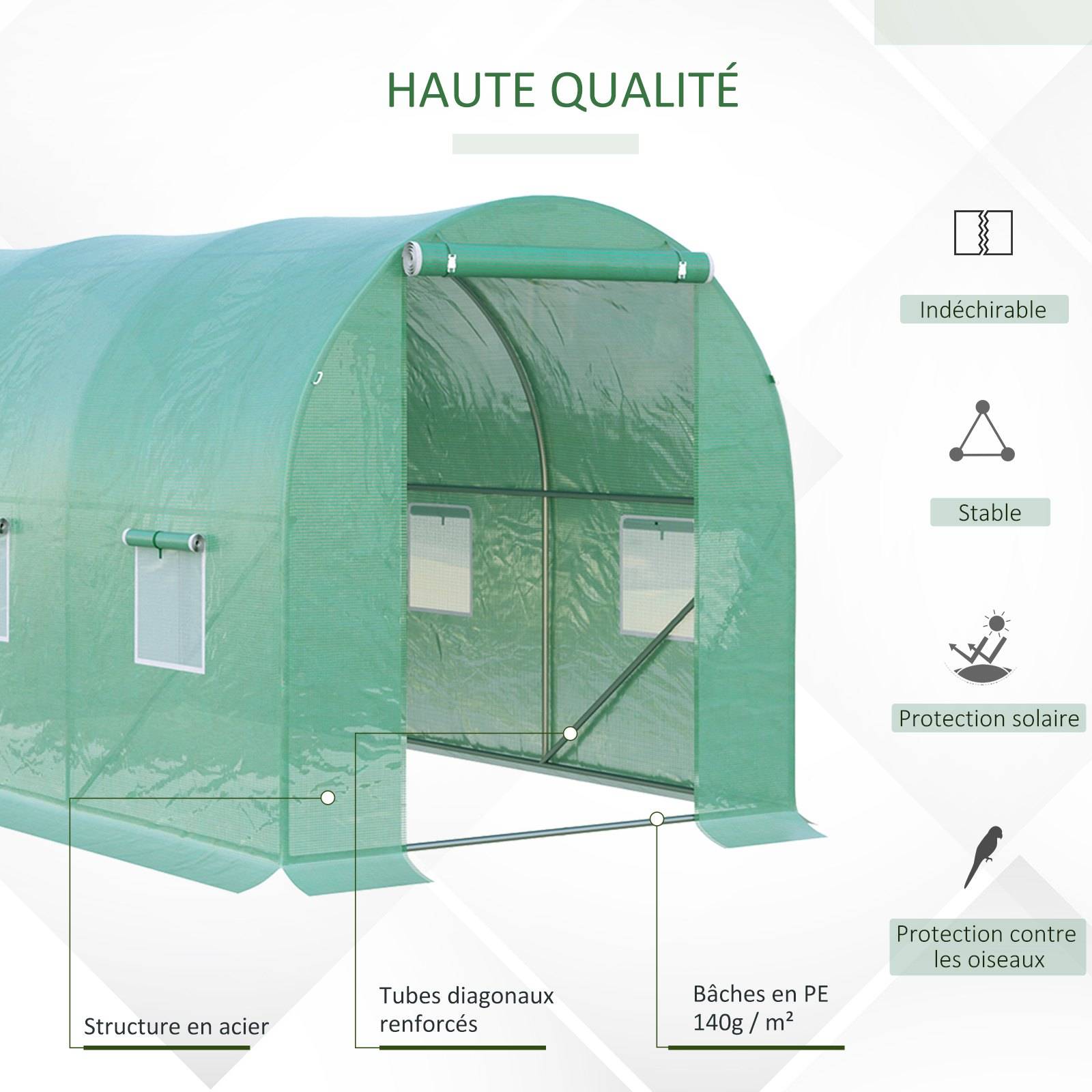 Serre de Jardin Tunnel 8 m² 4L x 2l x 1,9H m Acier galvanisé renforcé diamètre 2,4 cm + PE Haute densité fenêtres Porte Vert - Image 7