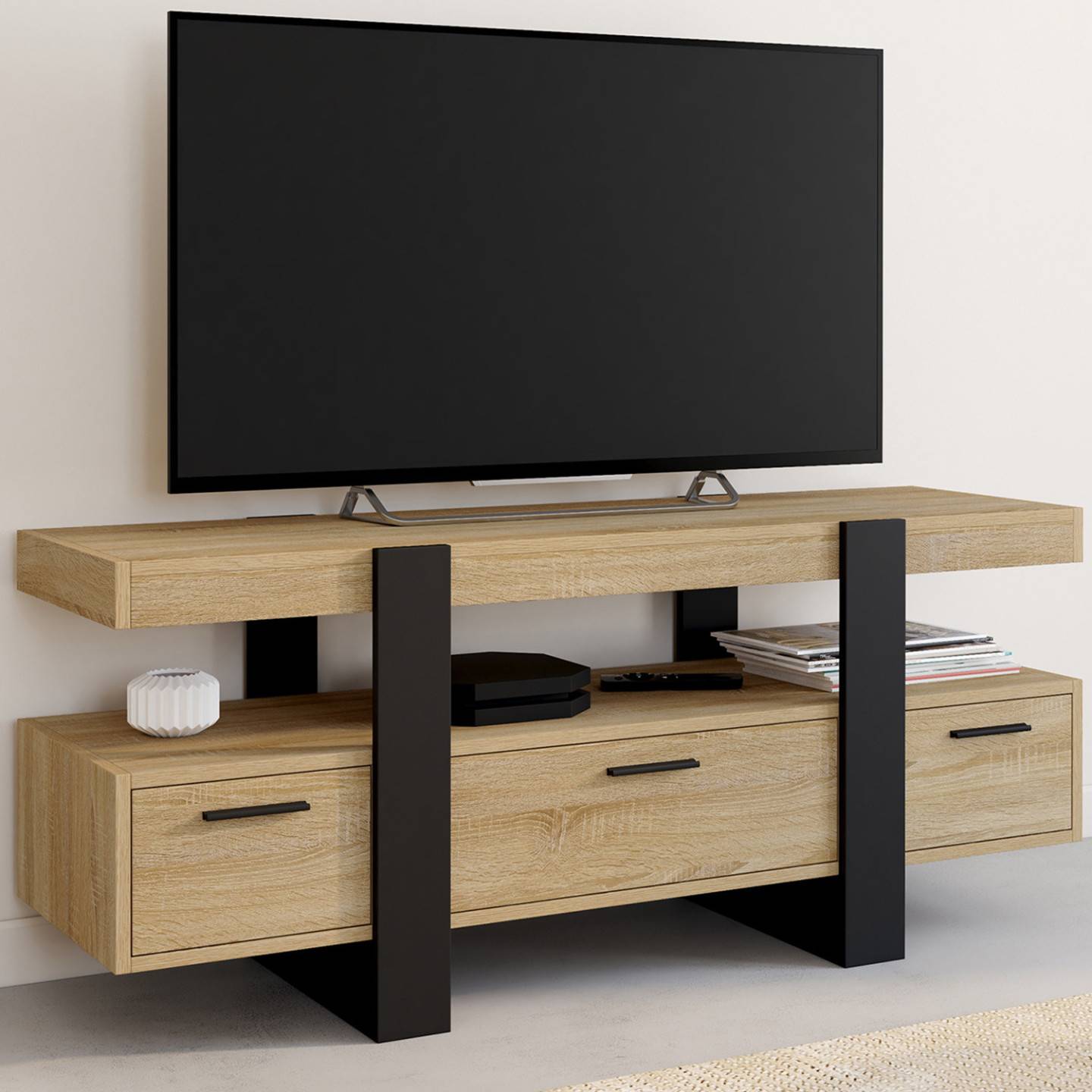 Meuble TV 116 cm PHOENIX avec tiroirs bois et noir - Image 1