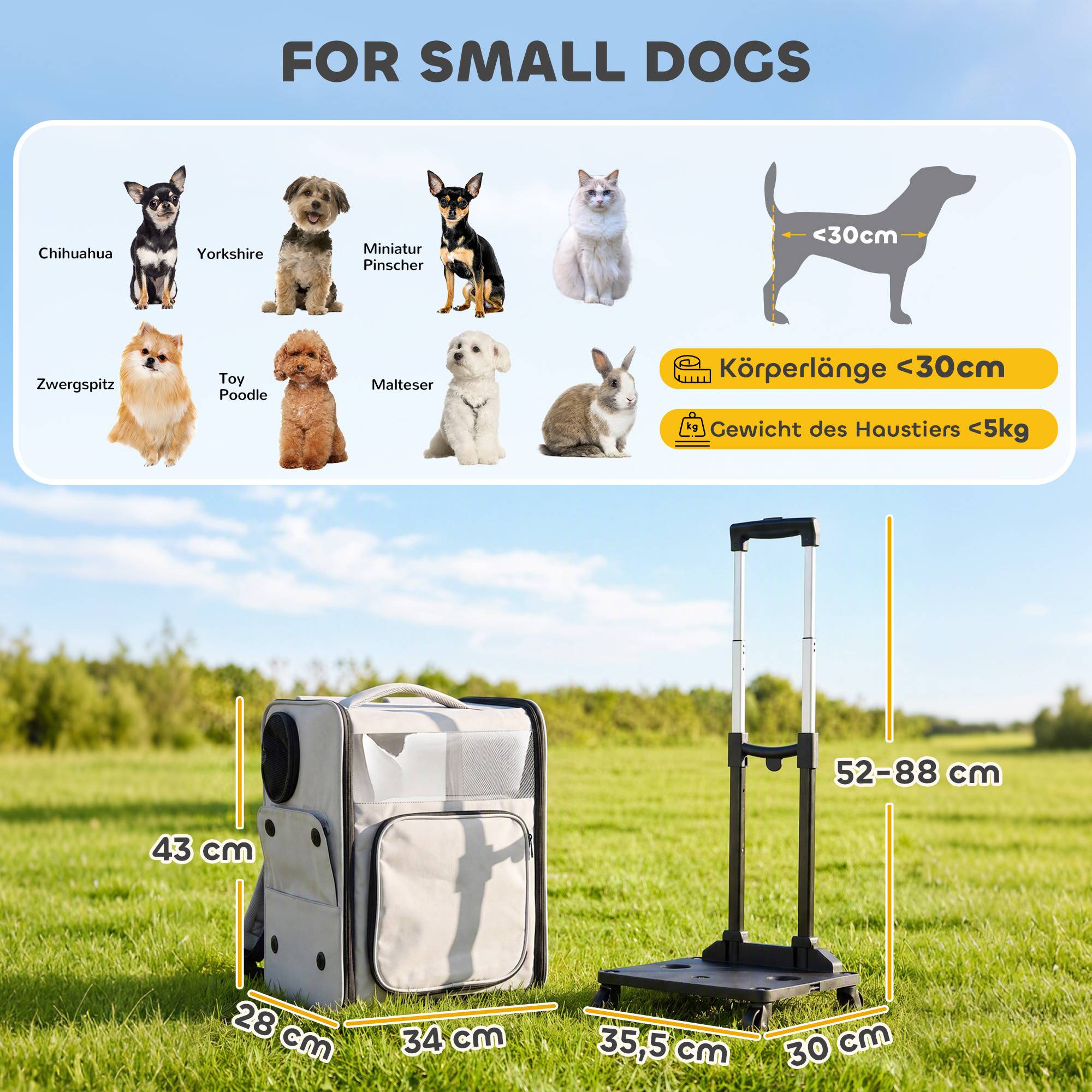 Sac transport animal roulettes pliable chien chat 5 kg, trolley respirant, gris - Image 5