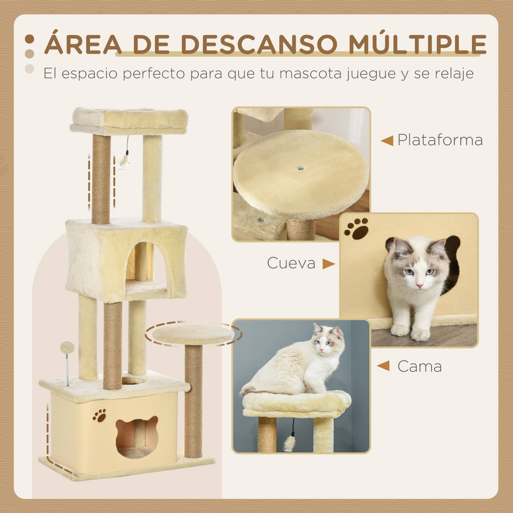 Arbre à chat géant 60x34x136 cm avec plateformes, niches en peluche et poteaux en jute beige - Image 6