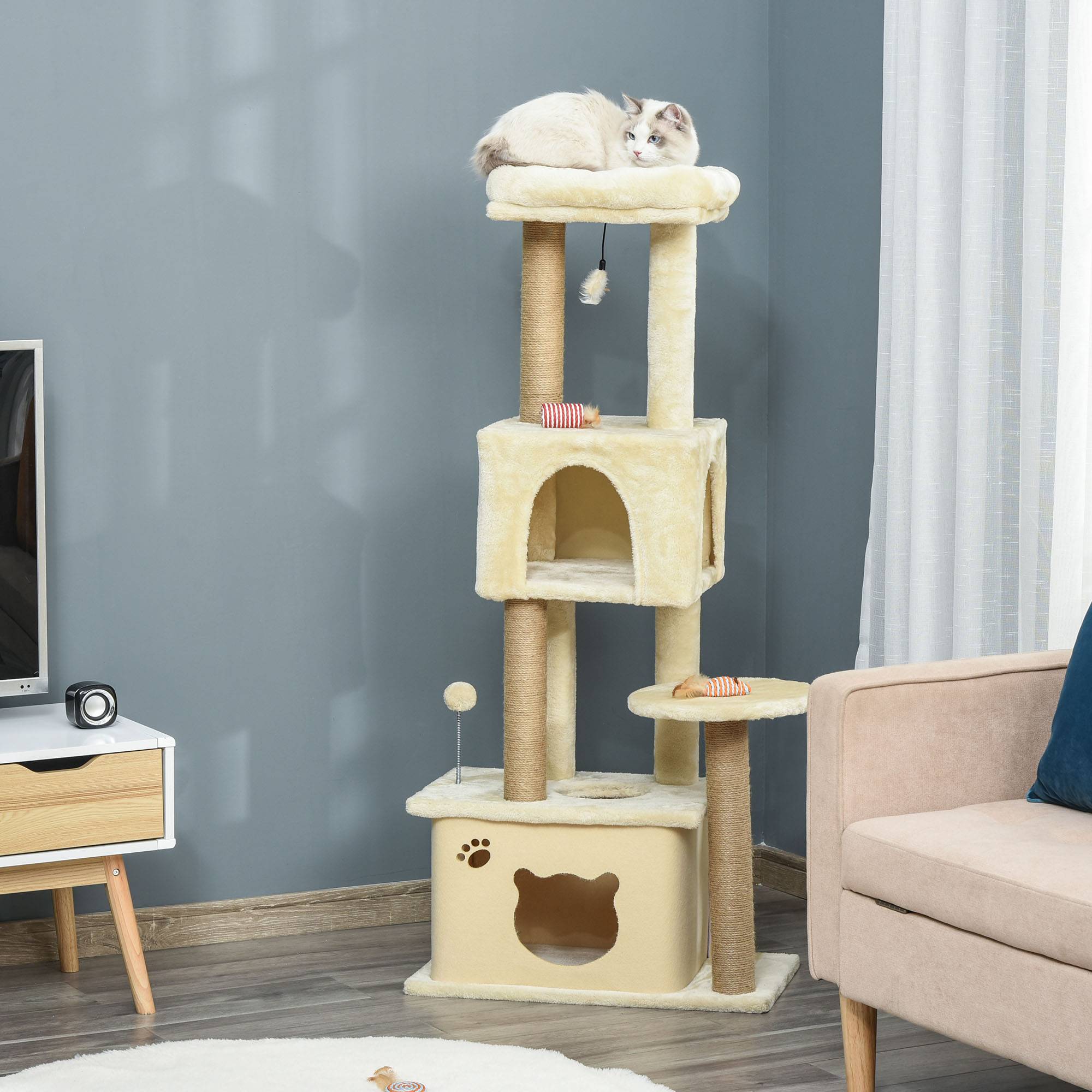 Arbre à chat géant 60x34x136 cm avec plateformes, niches en peluche et poteaux en jute beige - Image 3