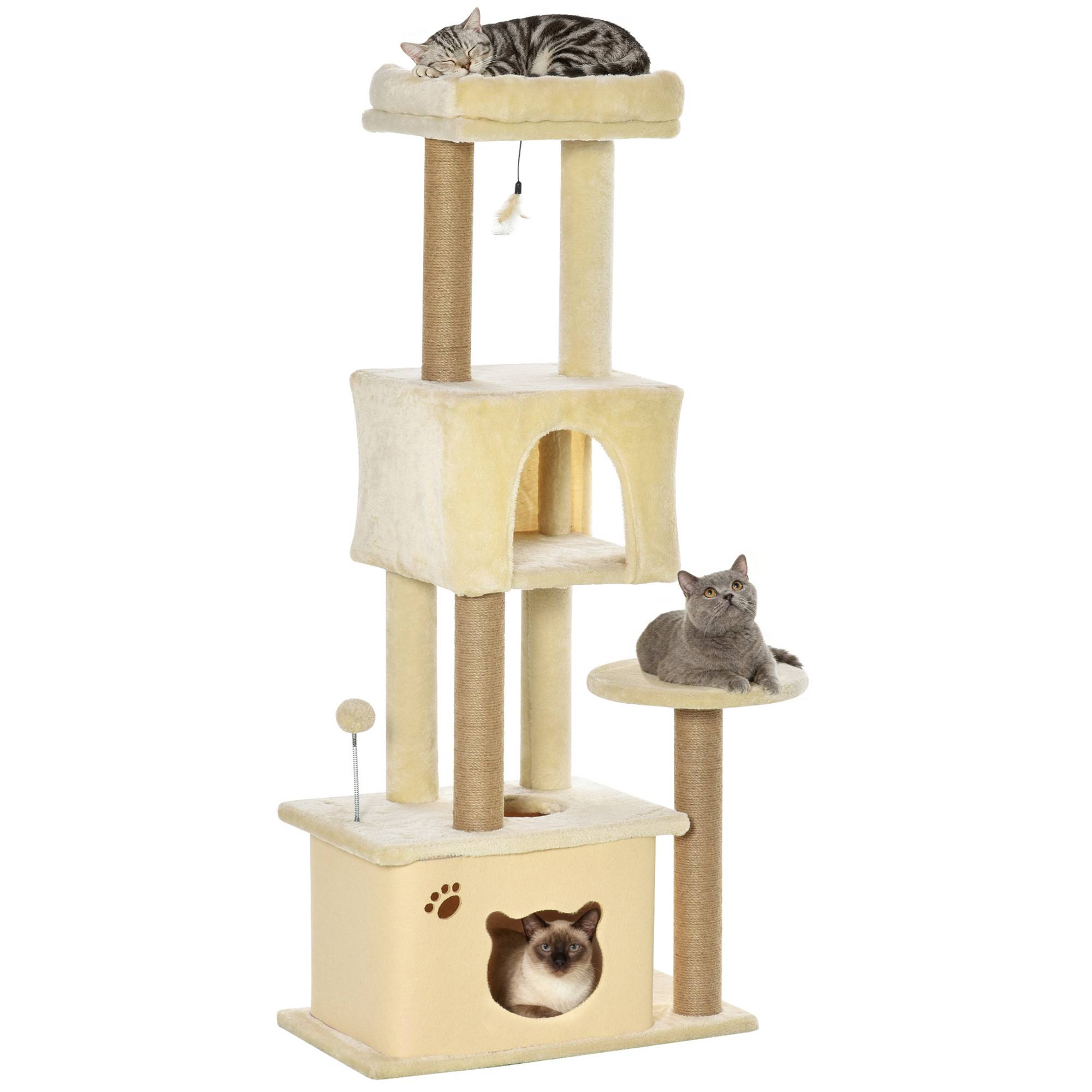 Arbre à chat géant 60x34x136 cm avec plateformes, niches en peluche et poteaux en jute beige - Image 1