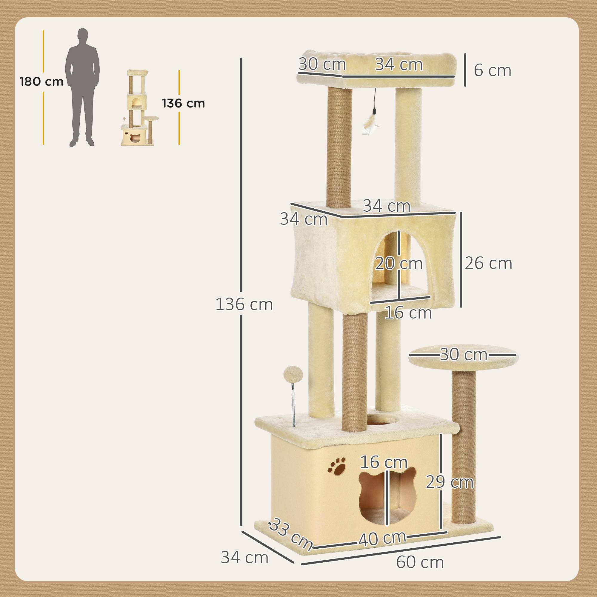 Arbre à chat géant 60x34x136 cm avec plateformes, niches en peluche et poteaux en jute beige - Image 5