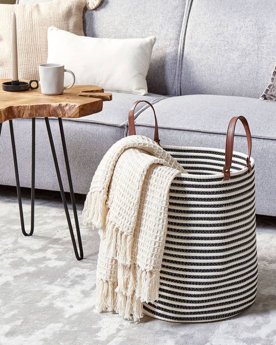Panier Blanc et Noir en Coton avec Anses à Rayures Corbeille à Linge Rangement Spacieux pour Intérieur Pratique Style Boho - Image 2