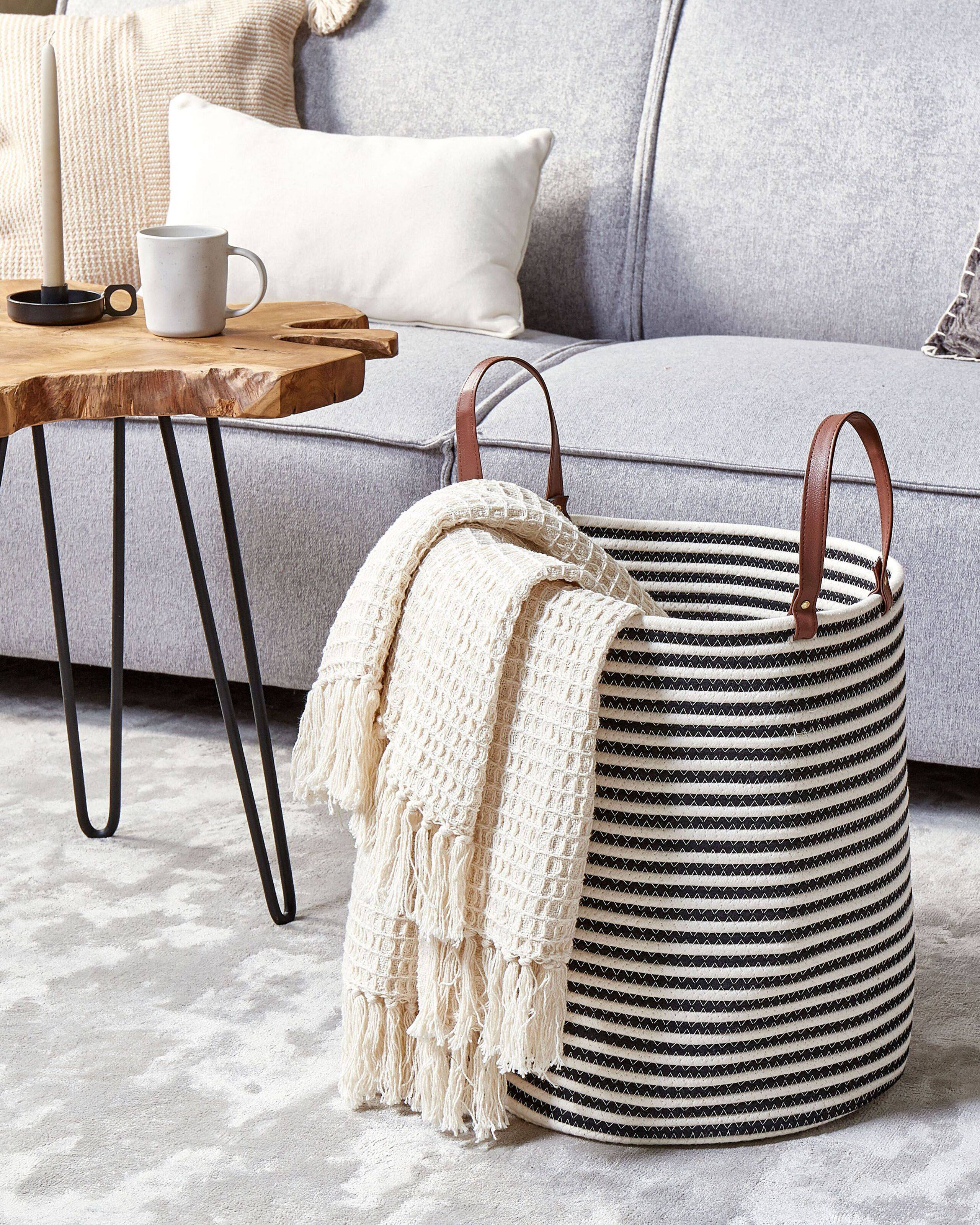Panier Blanc et Noir en Coton avec Anses à Rayures Corbeille à Linge Rangement Spacieux pour Intérieur Pratique Style Boho - Image 2