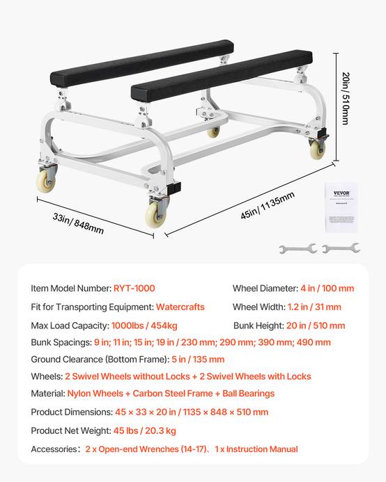 VEVOR Chariot jet ski, charge 454 kg, couchettes réglables, 4 roulettes. Pour kayaks, aéroglisseurs. - Image 7