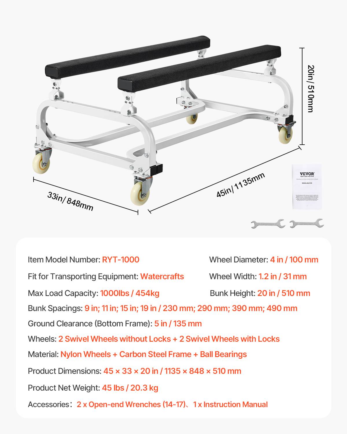 VEVOR Chariot jet ski, charge 454 kg, couchettes réglables, 4 roulettes. Pour kayaks, aéroglisseurs. - Image 7