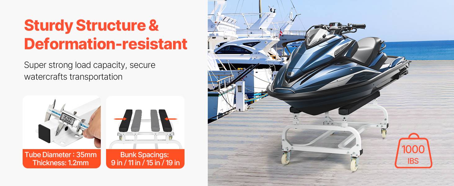 VEVOR Chariot jet ski, charge 454 kg, couchettes réglables, 4 roulettes. Pour kayaks, aéroglisseurs. - Image 9