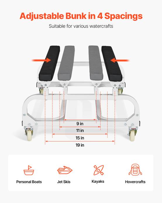 VEVOR Chariot jet ski, charge 454 kg, couchettes réglables, 4 roulettes. Pour kayaks, aéroglisseurs. - Image 4