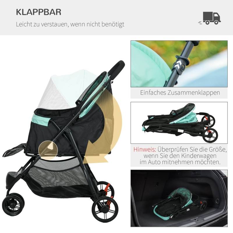 Poussette pour animaux domestiques, pliable, avec protection contre la pluie, 2 porte-gobelets, disponible en bleu et vert - Image 5