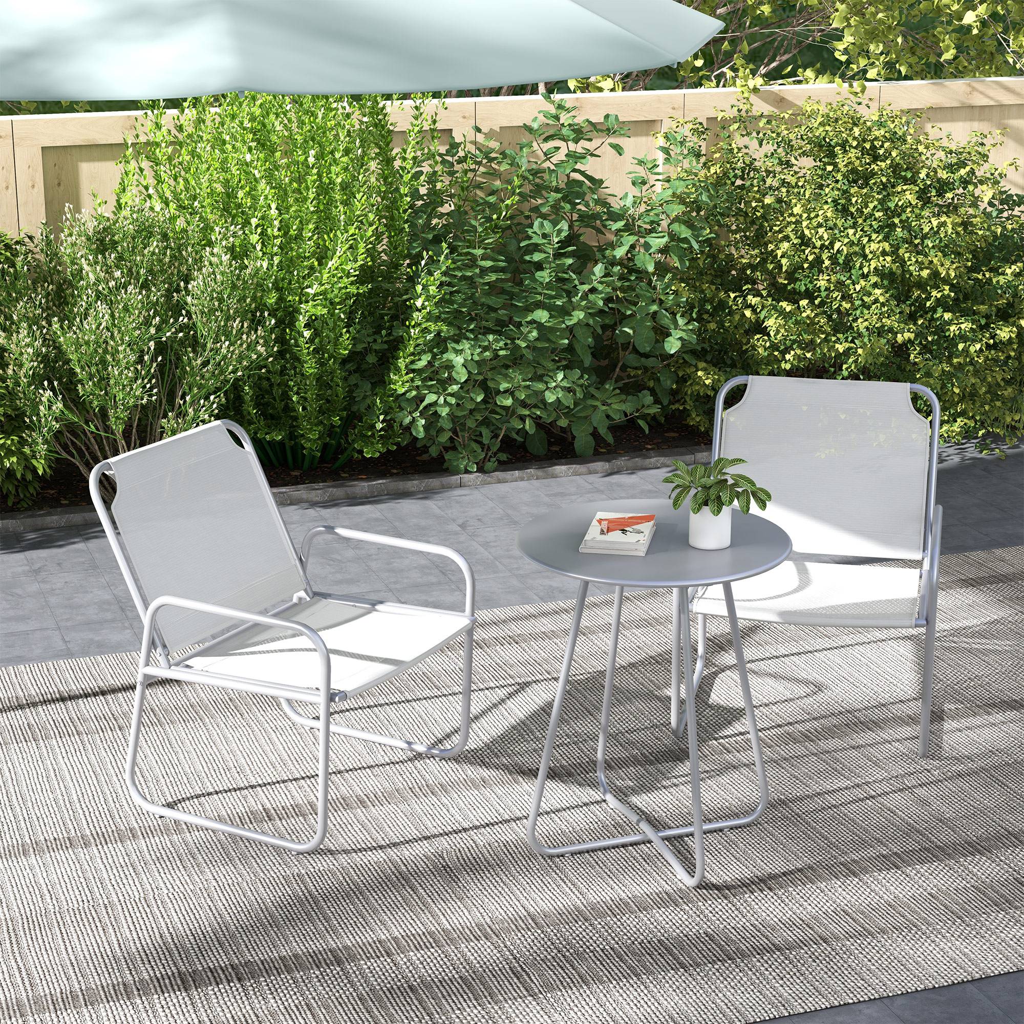 Ensemble de jardin 3 pièces : 2 fauteuils tissu respirant + table ronde Ø60 cm, gris clair - Image 2