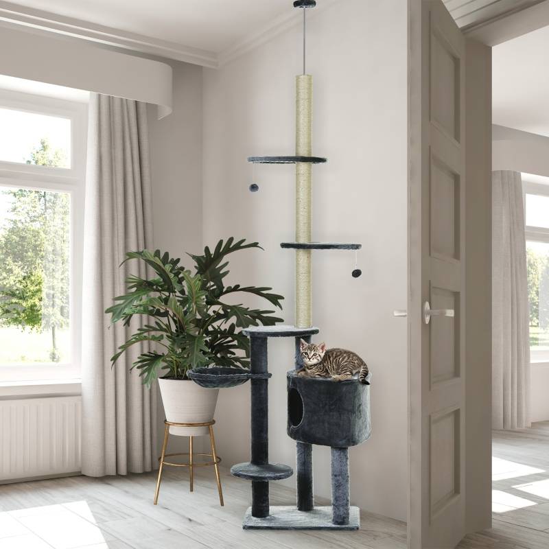 Arbre à Chat XXL Sisal Peluche Griffoir Hauteur Réglable 220-265cm Gris Foncé - ComfortXL Pet Living - Image 1