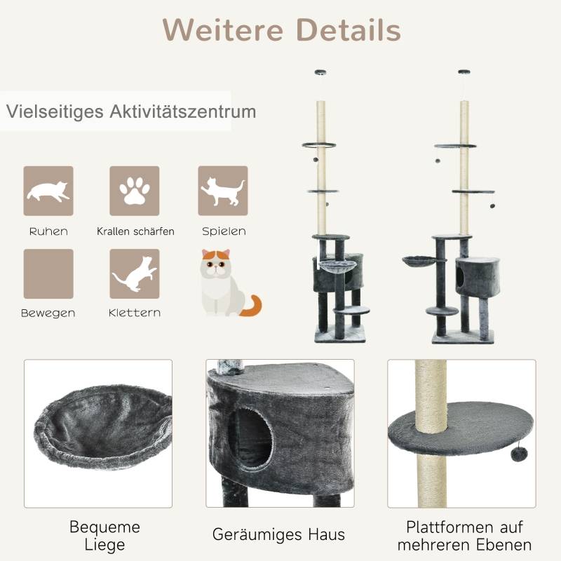 Arbre à Chat XXL Sisal Peluche Griffoir Hauteur Réglable 220-265cm Gris Foncé - ComfortXL Pet Living - Image 4