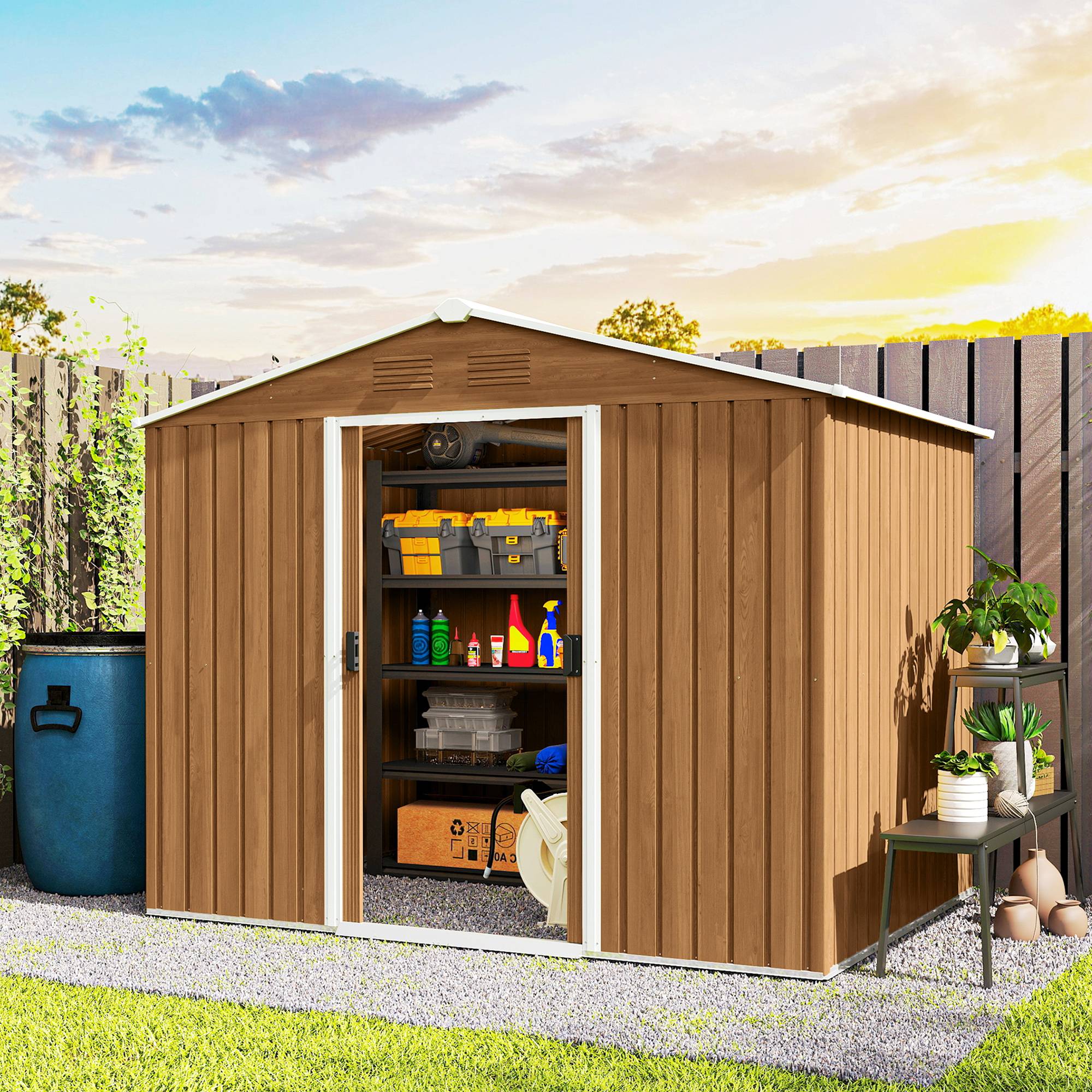 Abri de jardin tôle acier avec portes coulissantes 236x174x190 cm cabane extérieure rangement outils marron - Image 4