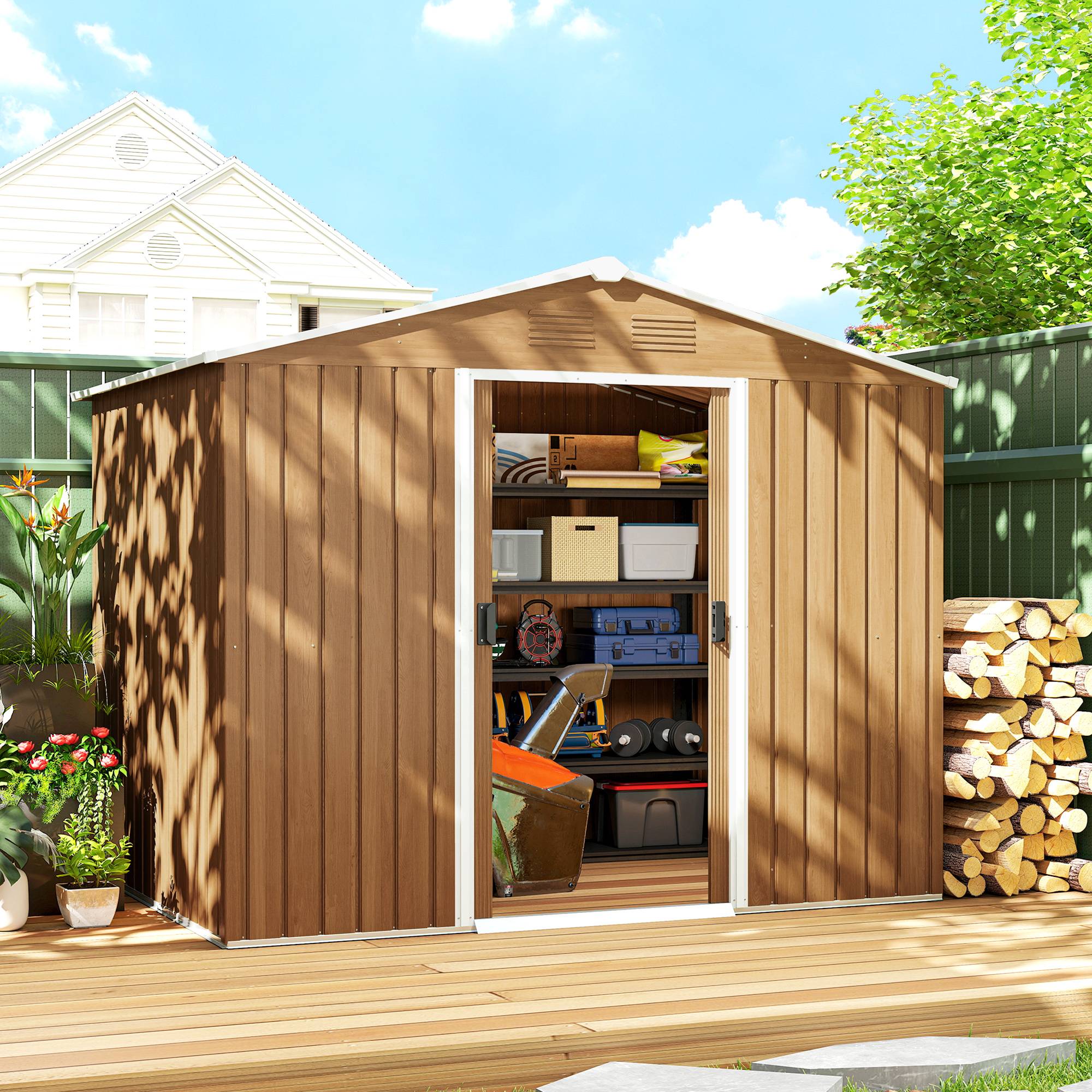 Abri de jardin tôle acier avec portes coulissantes 236x174x190 cm cabane extérieure rangement outils marron - Image 3