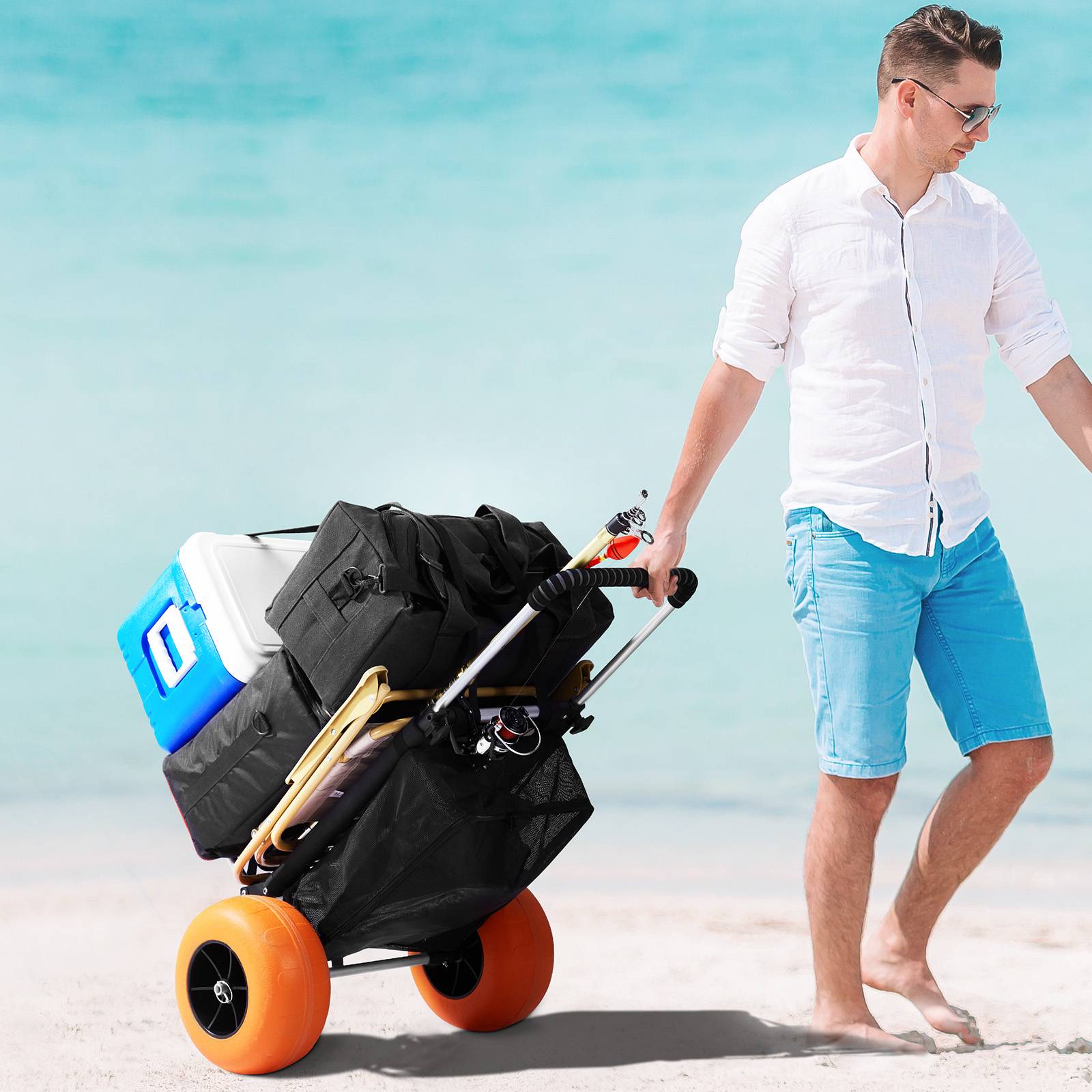 YITAHOME Chariot De Plage Pliable XXL 220 Lbs Avec Table, Porte-Boissons Et Grandes Roues – Gris