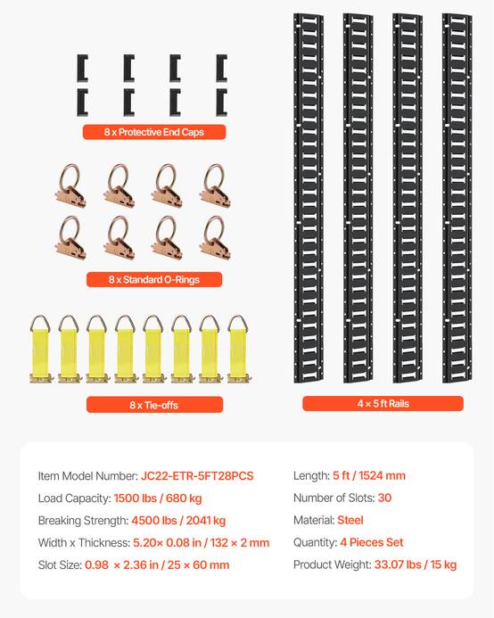 VEVOR Kit E-Track arrimage, 30 pièces, 454 kg. 4 rails, ancres, attaches, protection, camions. - Image 7