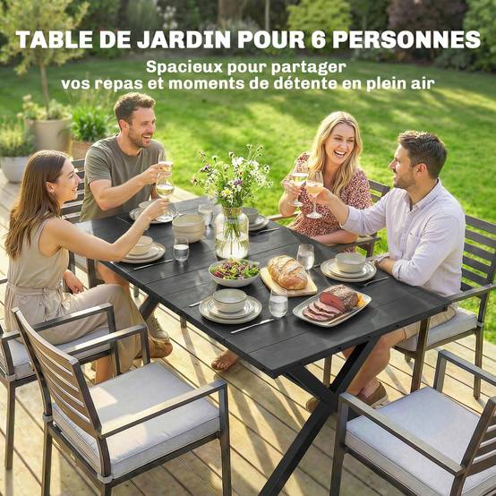 Table de jardin rectangulaire pour 4 à 6 personnes, table à manger extérieure Plateau effet bois 150 x 90 x 74 cm, Noir - Image 6