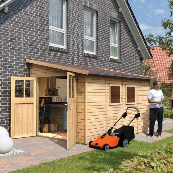Abri de jardin adossé 8,27m² en épicéa massif 19mm Bomlitz 4 marron avec embase Karibu - Image 1