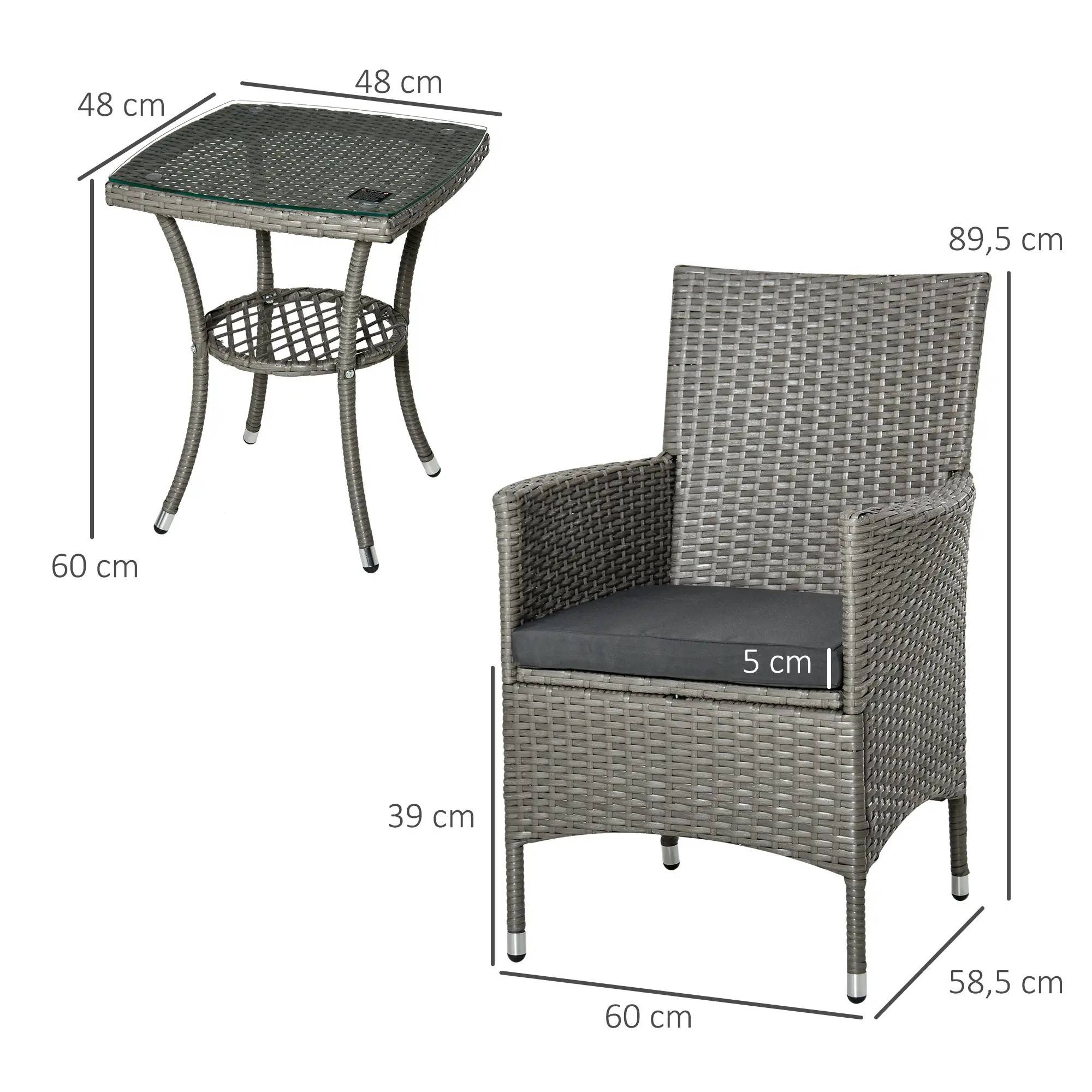 Salon de Jardin Bistro Résine Tressée Balcon 2 Personnes Table Verre Coussins Gris - ComfortXL Outdoor Living - Image 3