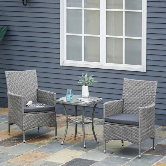 Salon de Jardin Bistro Résine Tressée Balcon 2 Personnes Table Verre Coussins Gris - ComfortXL Outdoor Living - Image 1
