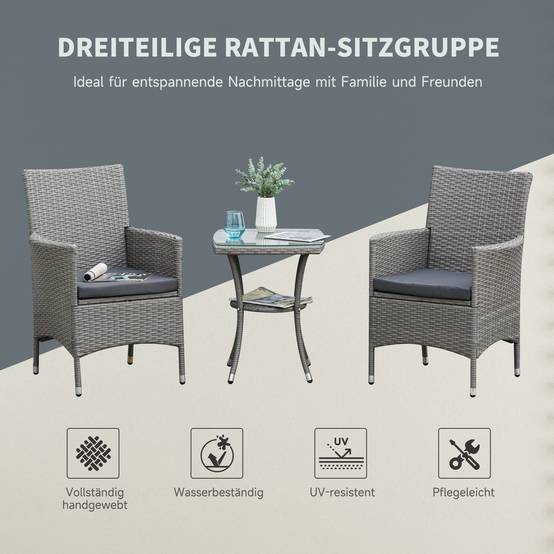 Salon de Jardin Bistro Résine Tressée Balcon 2 Personnes Table Verre Coussins Gris - ComfortXL Outdoor Living - Image 4